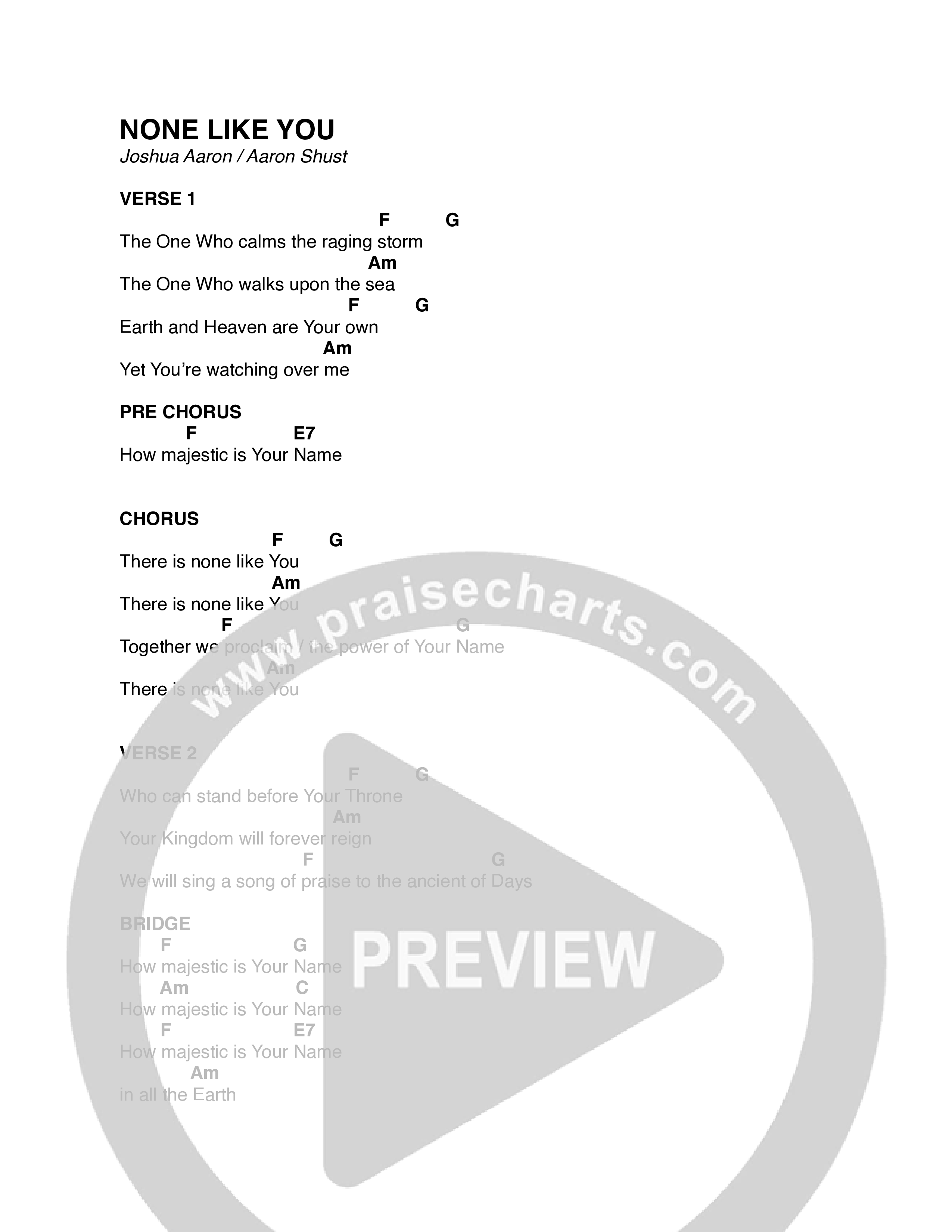 None Like You Chord Chart (Aaron Shust)