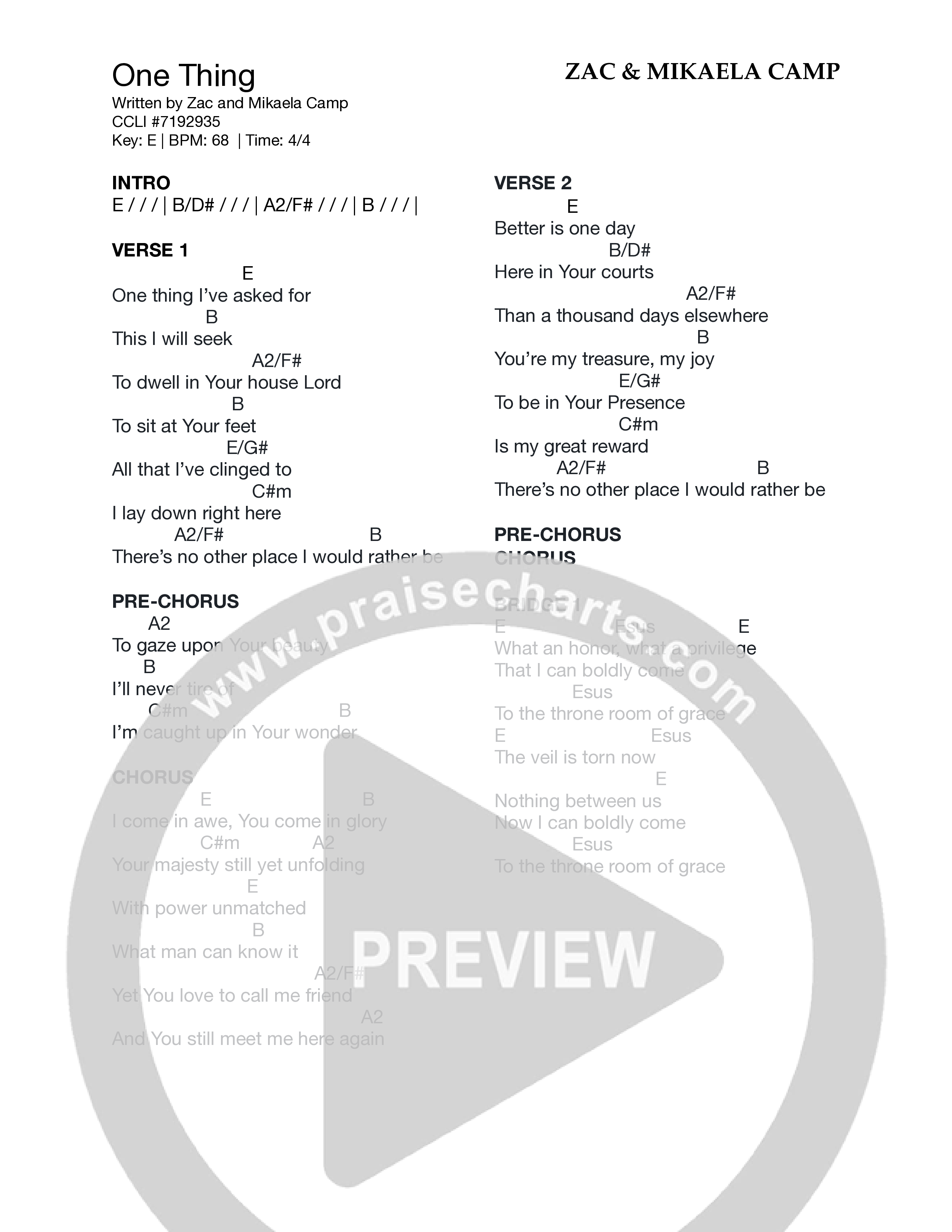 One Thing Chord Chart (Zac & Mikaela Camp)