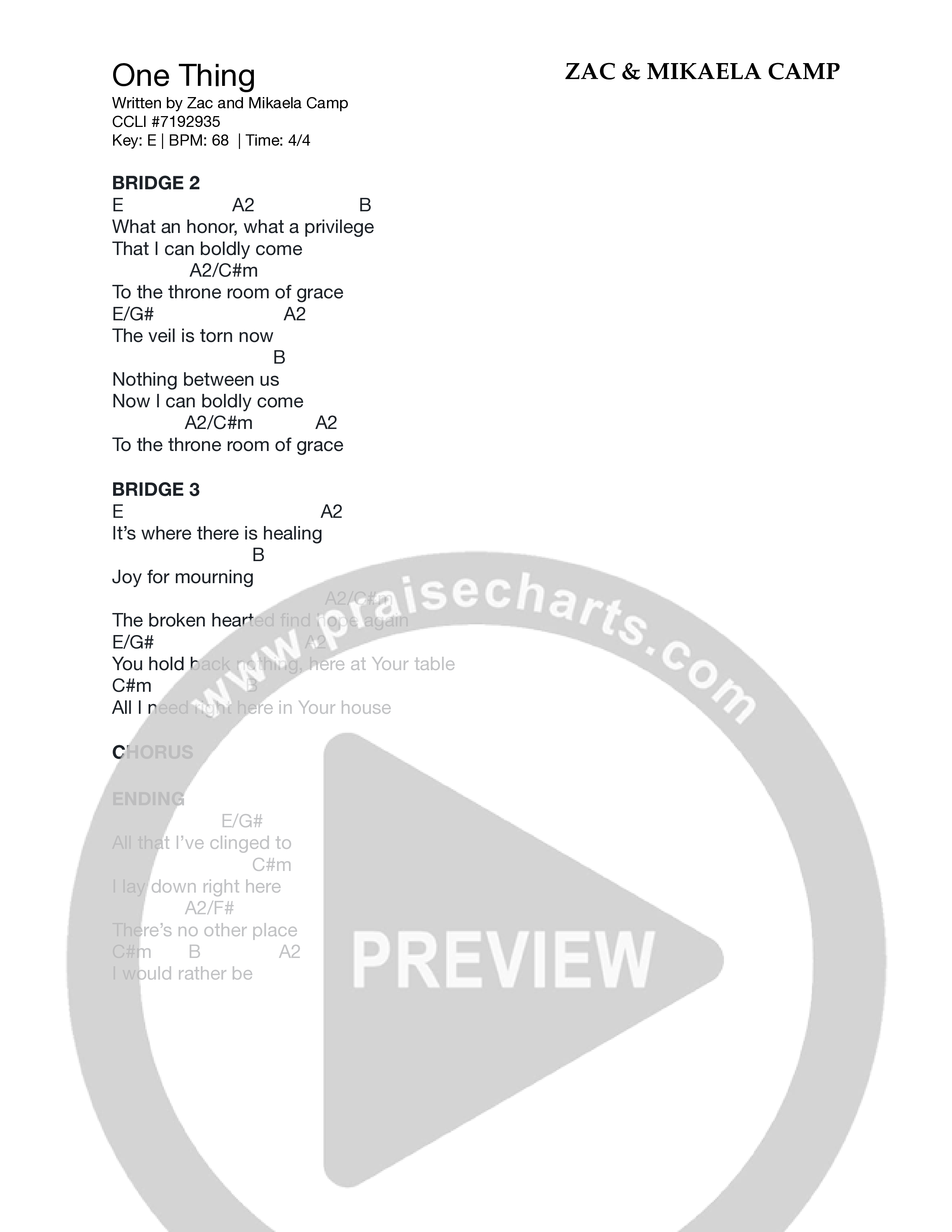 One Thing Chord Chart (Zac & Mikaela Camp)