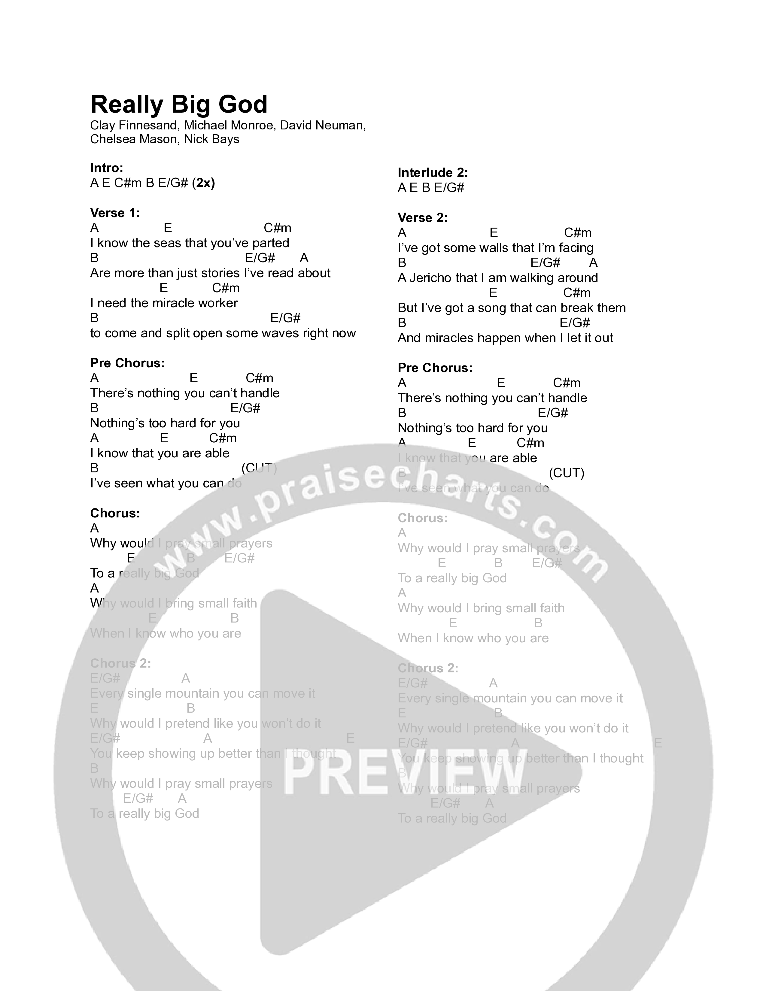 Really Big God Chord Chart (Canyon Hills Worship / Chelsea Mason)