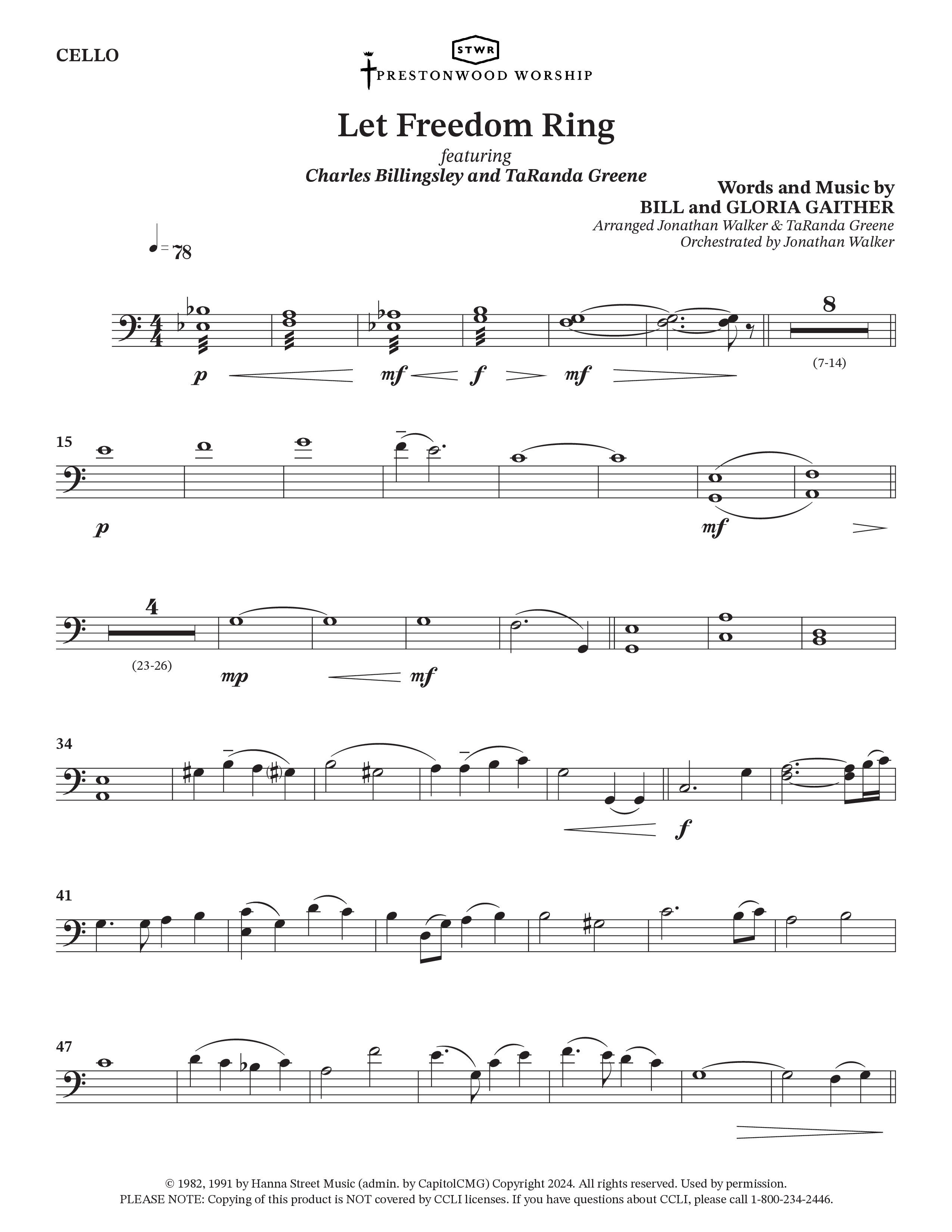 Let Freedom Ring (Choral Anthem SATB) Cello (TaRanda Greene / Charles Billingsley / Arr. Jonathan Walker)