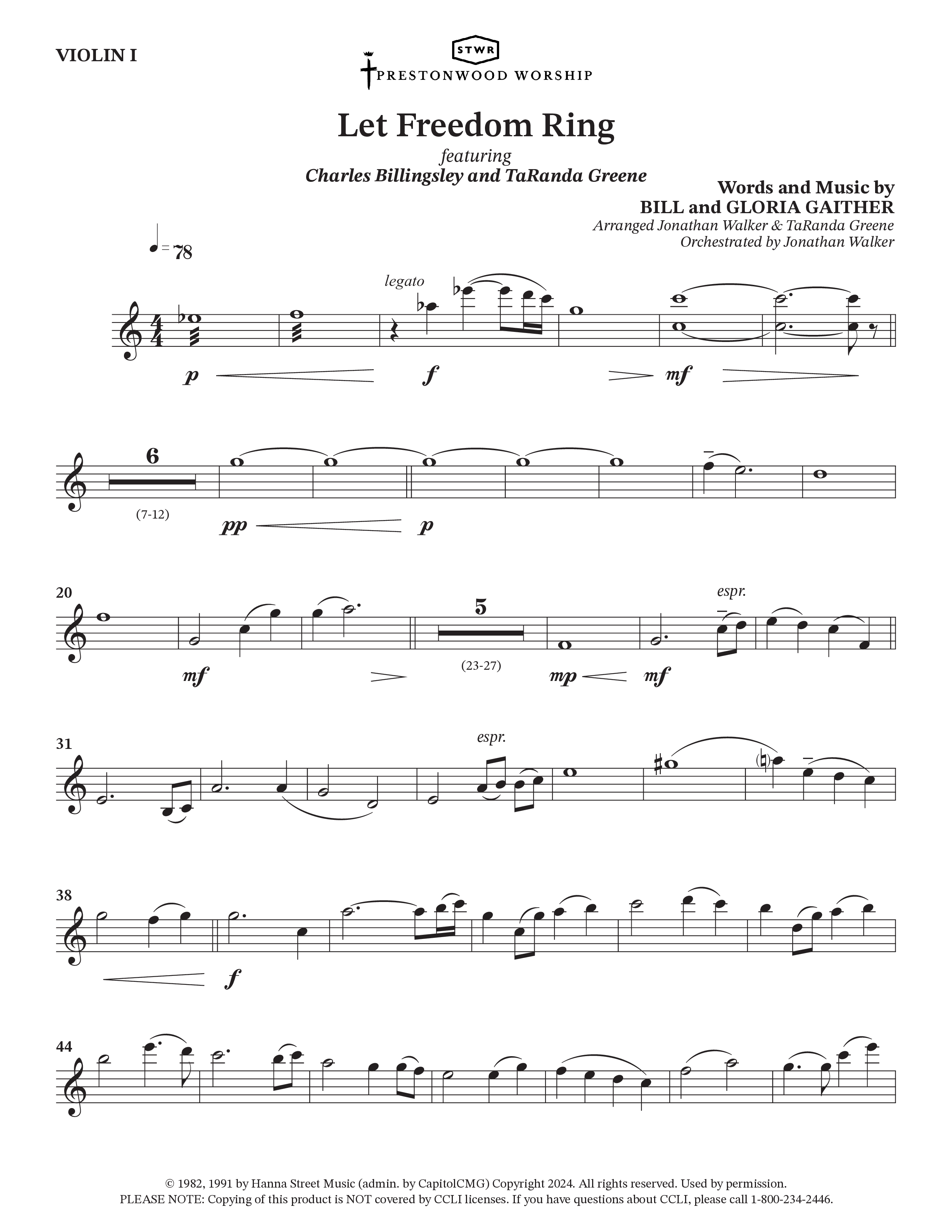 Let Freedom Ring (Choral Anthem SATB) Violin 1 (TaRanda Greene / Charles Billingsley / Arr. Jonathan Walker)