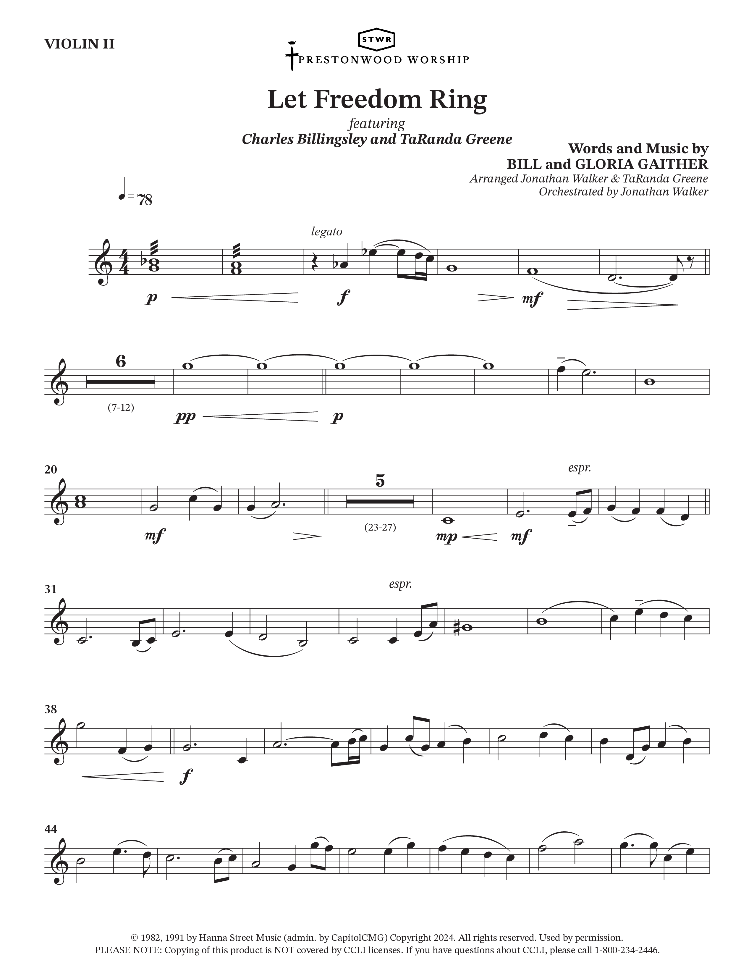Let Freedom Ring (Choral Anthem SATB) Violin 2 (TaRanda Greene / Charles Billingsley / Arr. Jonathan Walker)