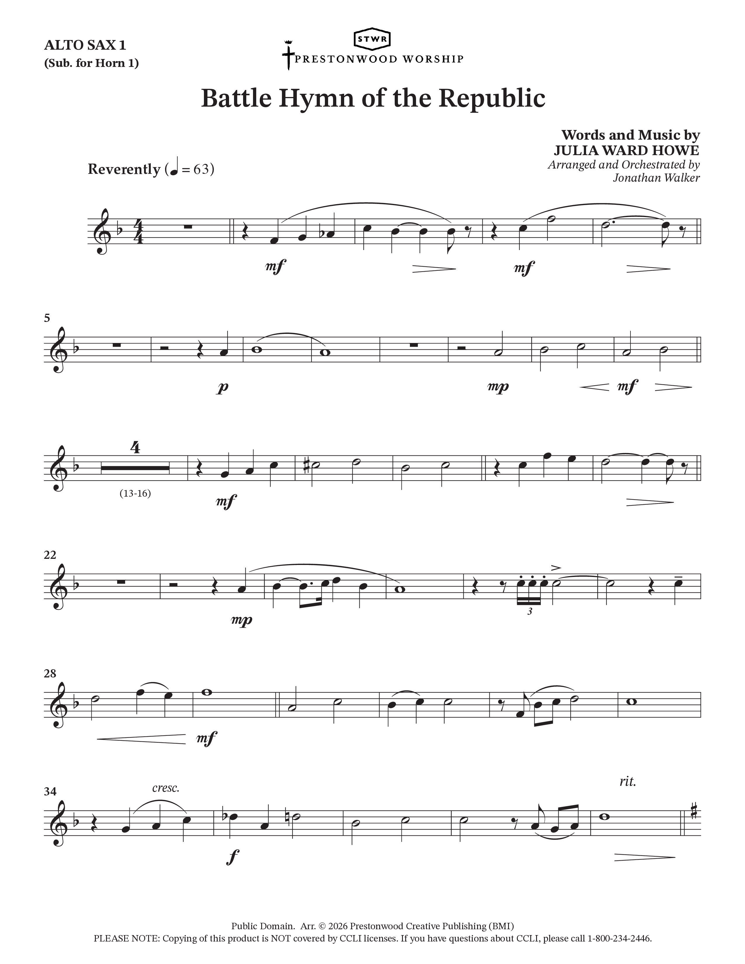 Battle Hymn Of The Republic (Choral Anthem SATB) Alto Sax (Prestonwood Worship / Arr. Jonathan Walker)