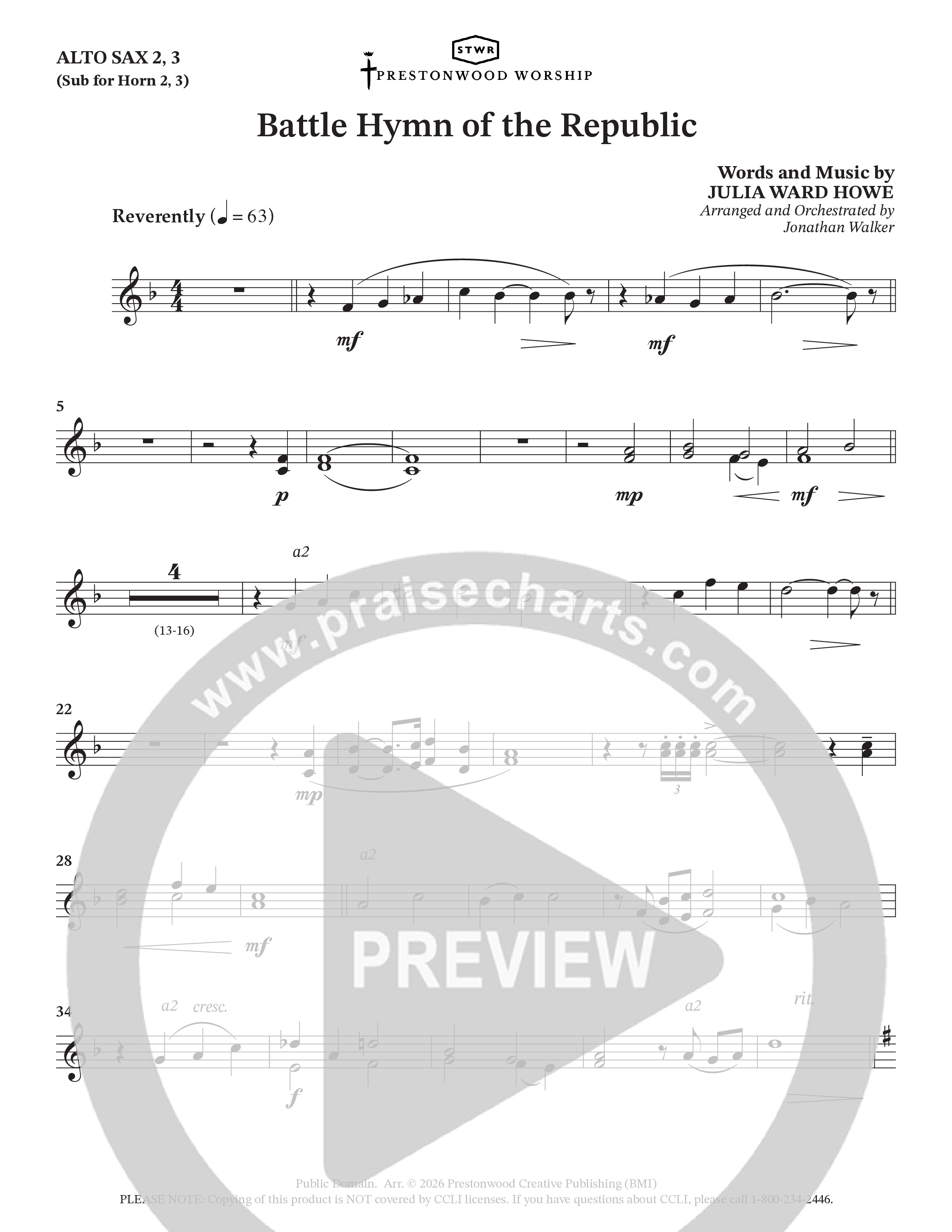 Battle Hymn Of The Republic (Choral Anthem SATB) Alto Sax (Prestonwood Worship / Arr. Jonathan Walker)