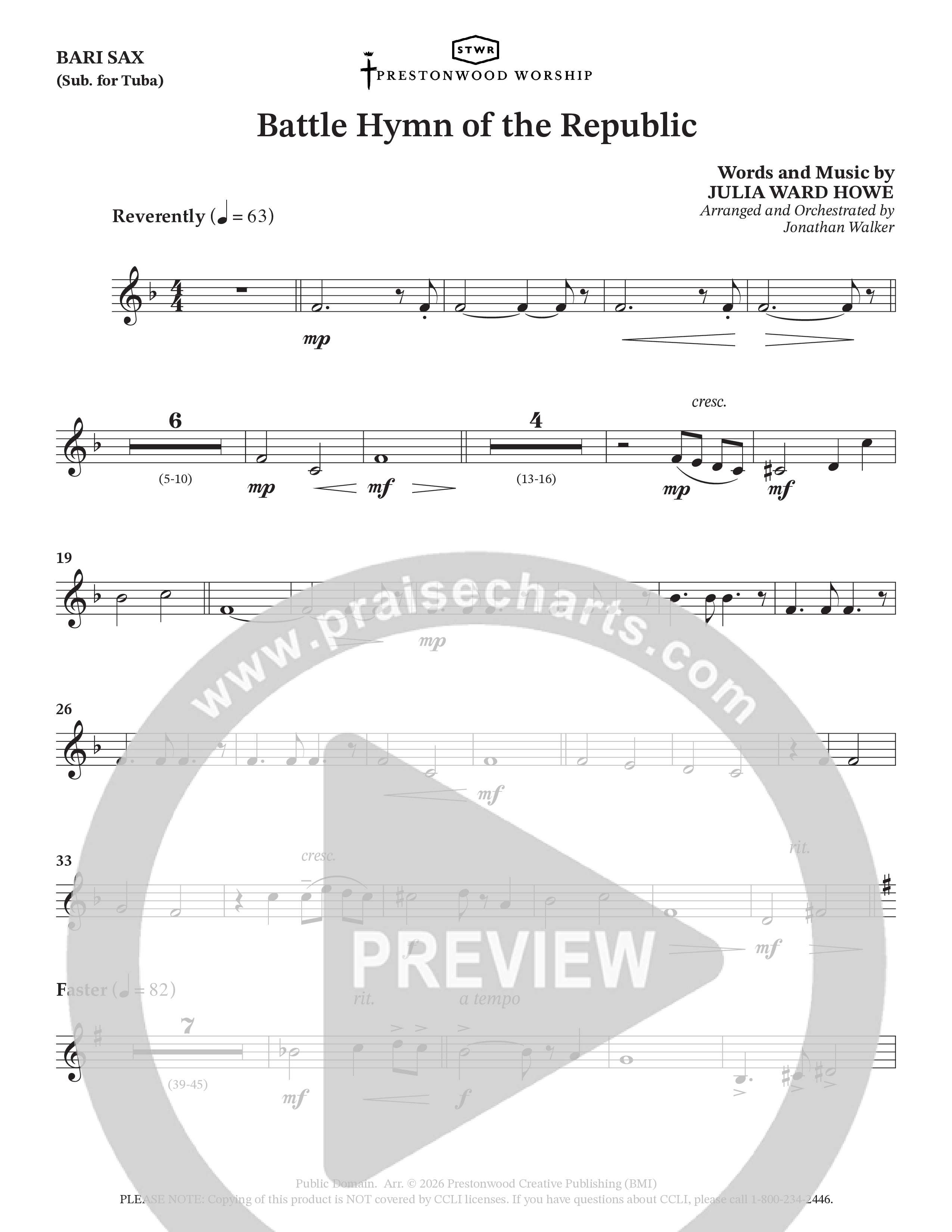 Battle Hymn Of The Republic (Choral Anthem SATB) Bari Sax (Prestonwood Worship / Arr. Jonathan Walker)