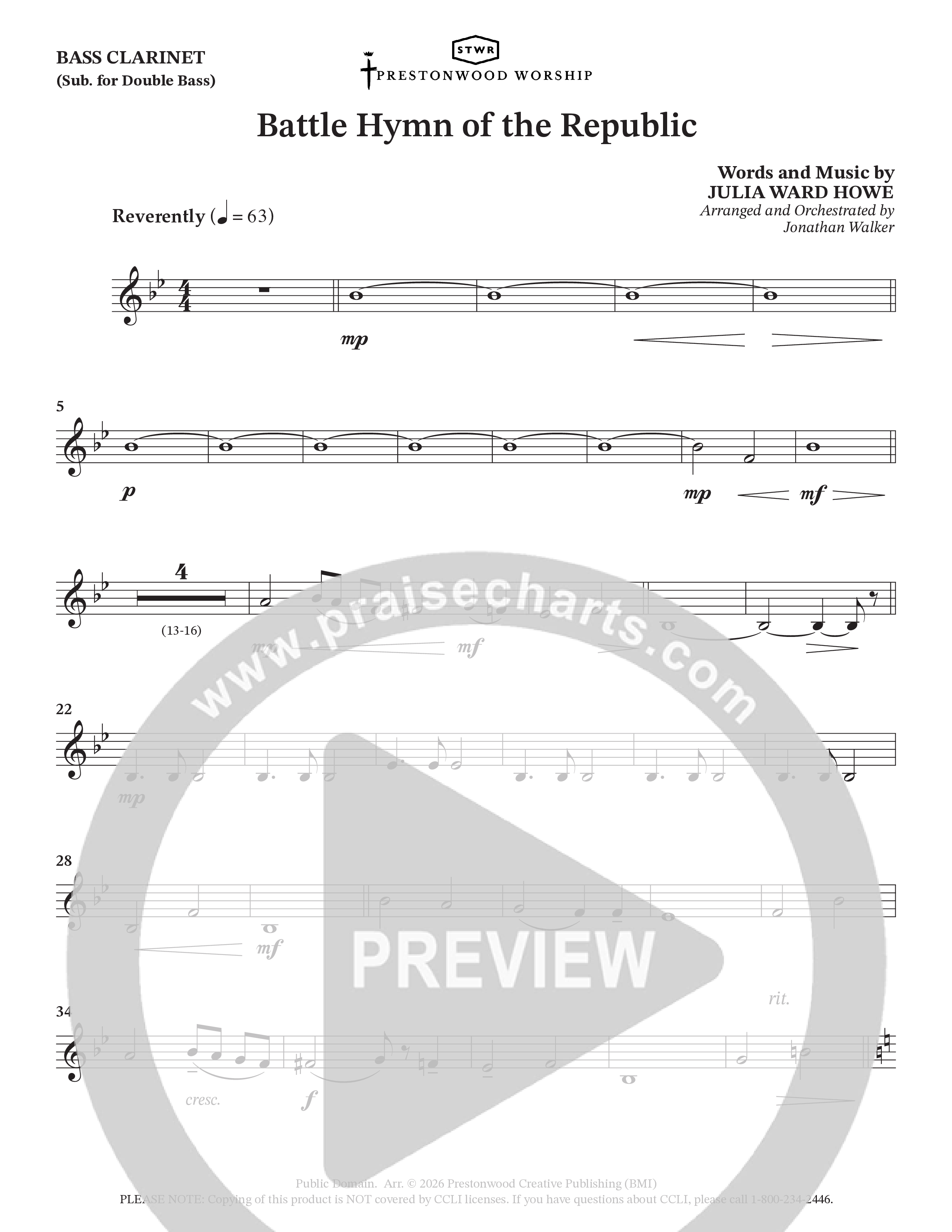 Battle Hymn Of The Republic (Choral Anthem SATB) Bass Clarinet (Prestonwood Worship / Arr. Jonathan Walker)