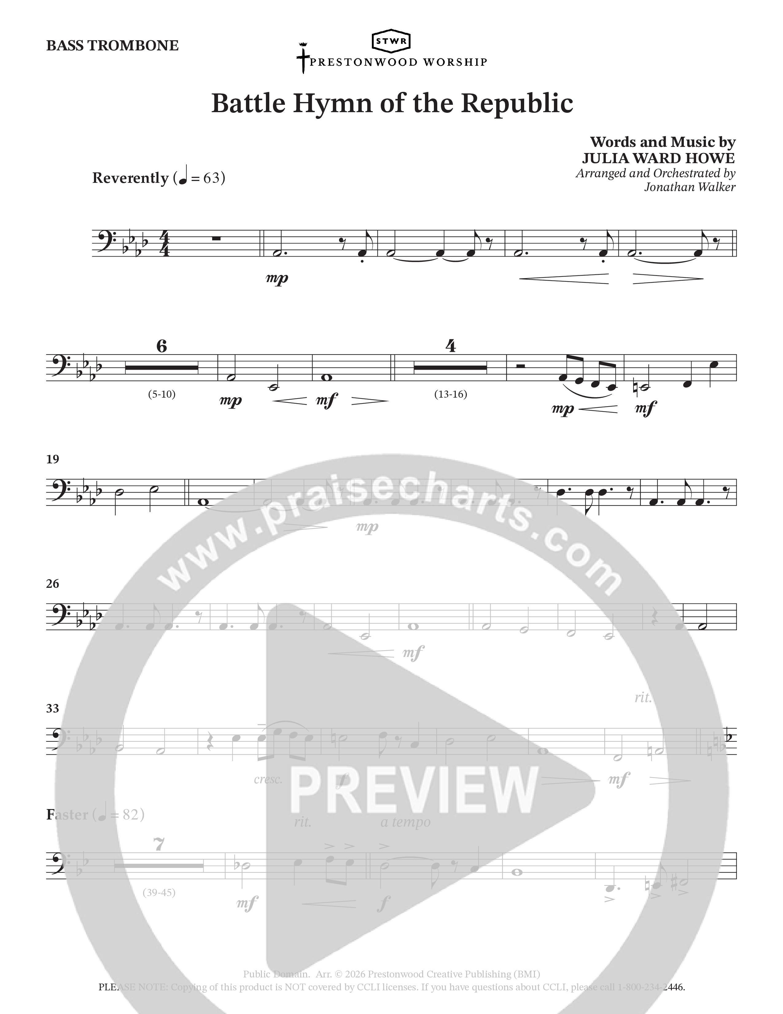 Battle Hymn Of The Republic (Choral Anthem SATB) Bass Trombone (Prestonwood Worship / Arr. Jonathan Walker)