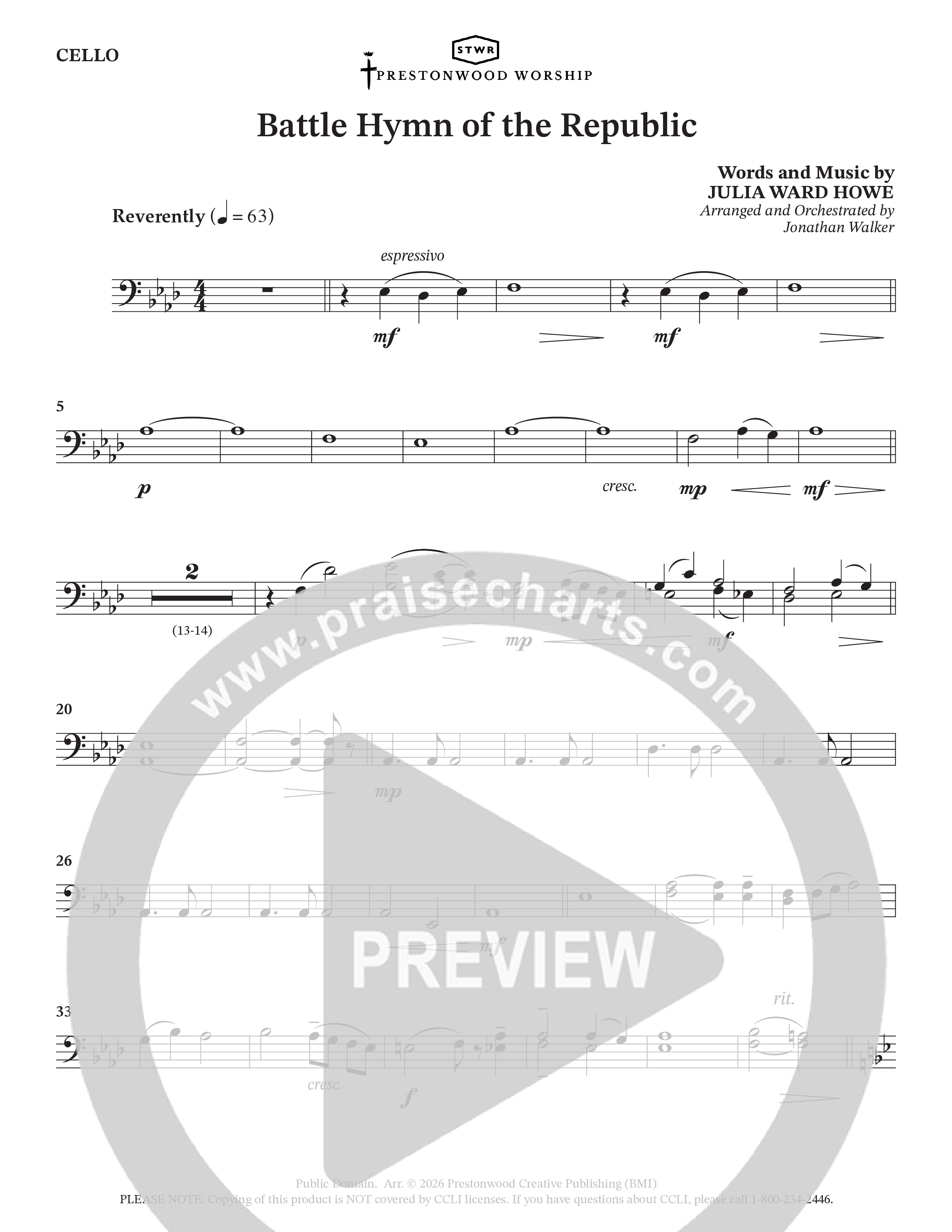 Battle Hymn Of The Republic (Choral Anthem SATB) Cello (Prestonwood Worship / Arr. Jonathan Walker)