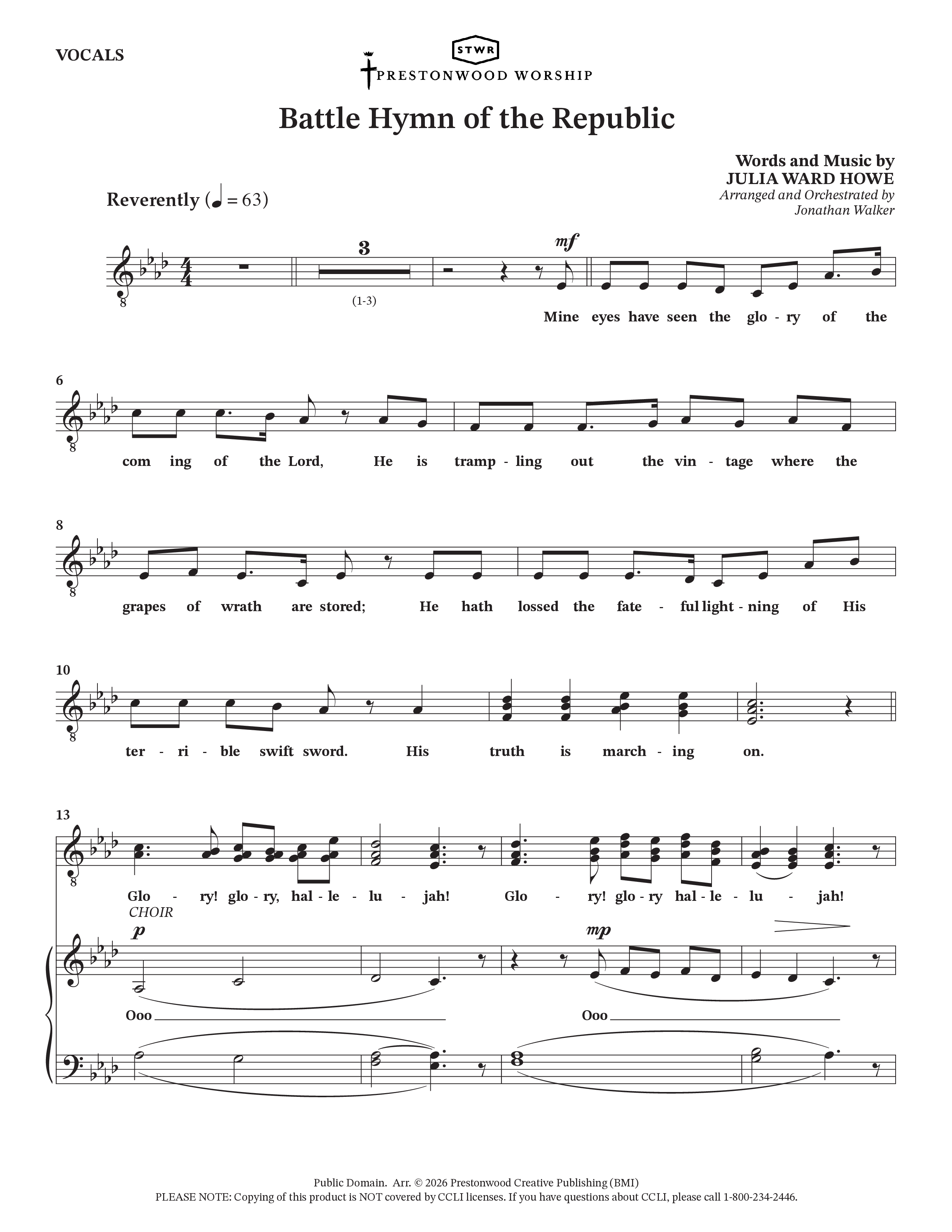 Battle Hymn Of The Republic (Choral Anthem SATB) Choir Sheet (Prestonwood Worship / Arr. Jonathan Walker)