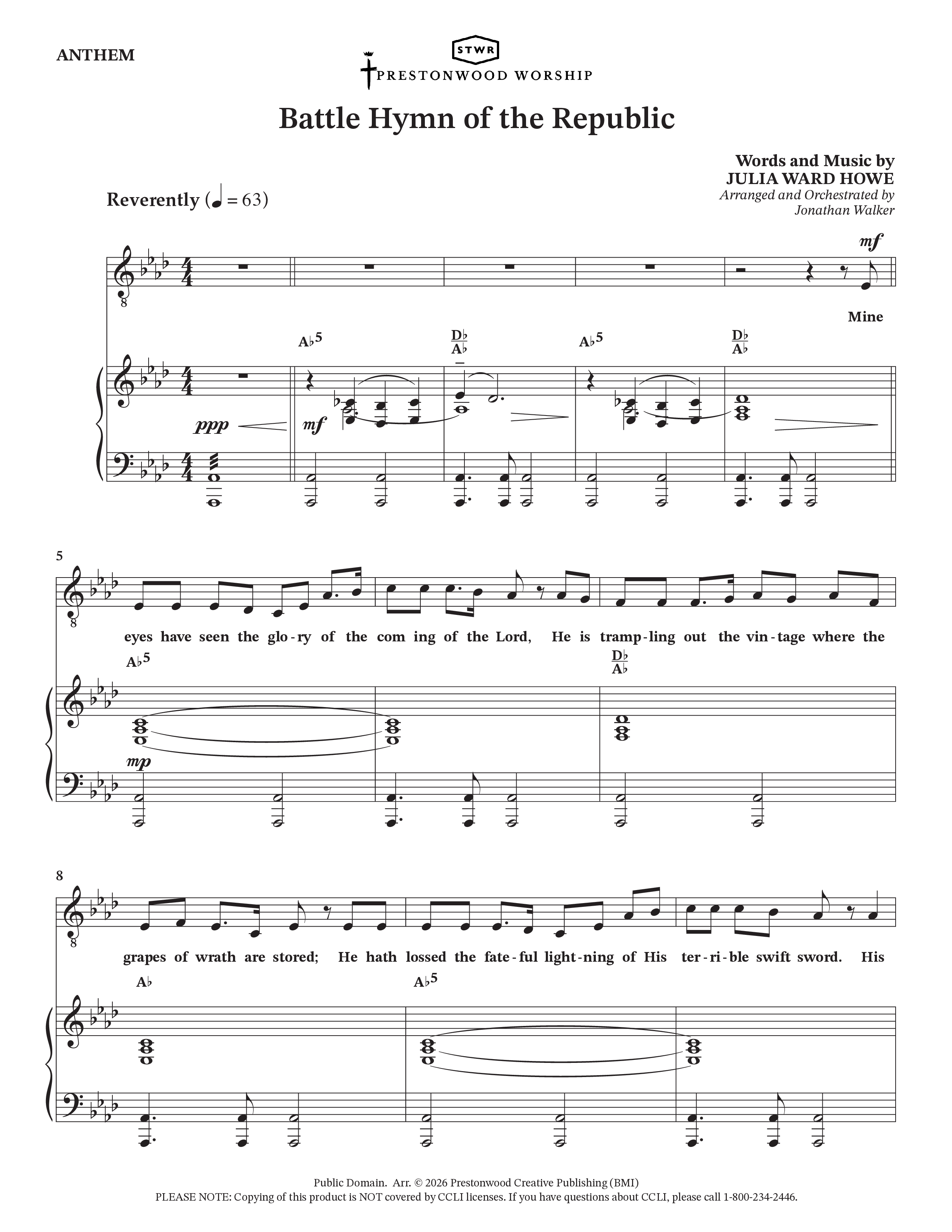 Battle Hymn Of The Republic (Choral Anthem SATB) Piano/Vocal Pack (Prestonwood Worship / Arr. Jonathan Walker)
