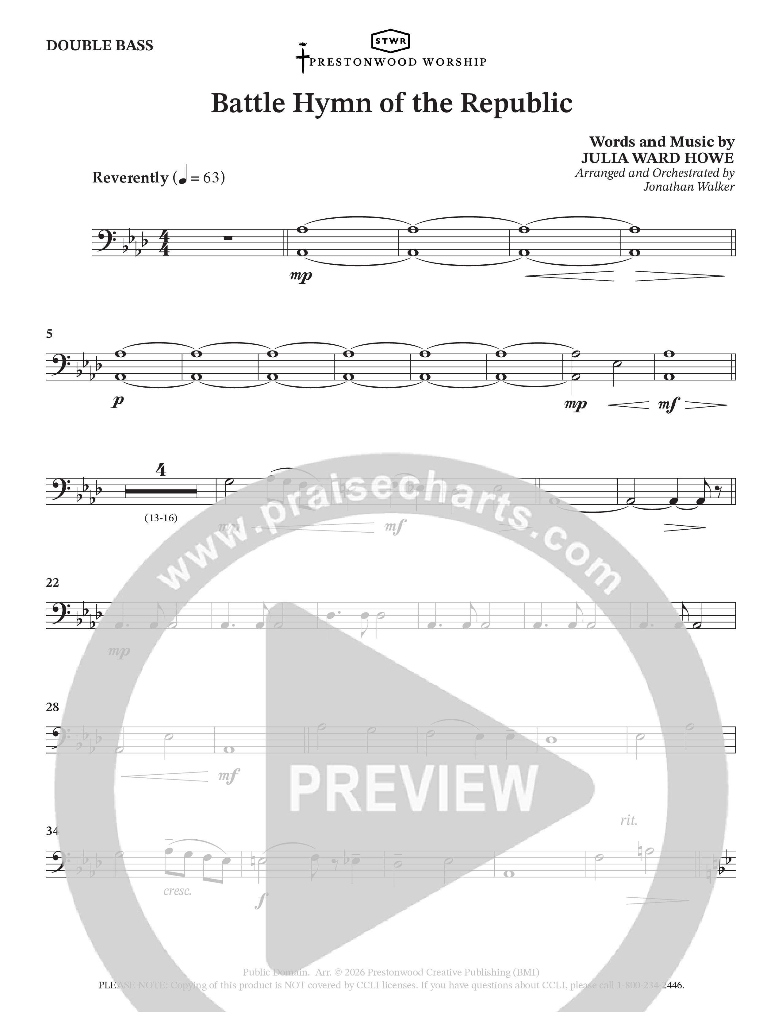 Battle Hymn Of The Republic (Choral Anthem SATB) Double Bass (Prestonwood Worship / Arr. Jonathan Walker)