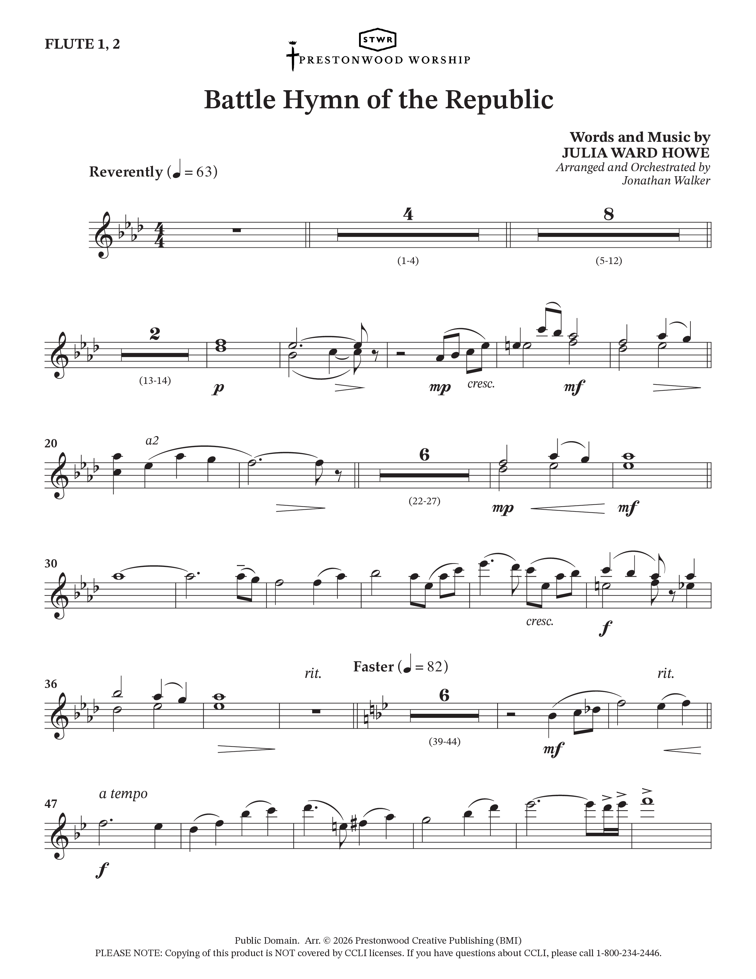 Battle Hymn Of The Republic (Choral Anthem SATB) Flute/Piccolo (Prestonwood Worship / Arr. Jonathan Walker)