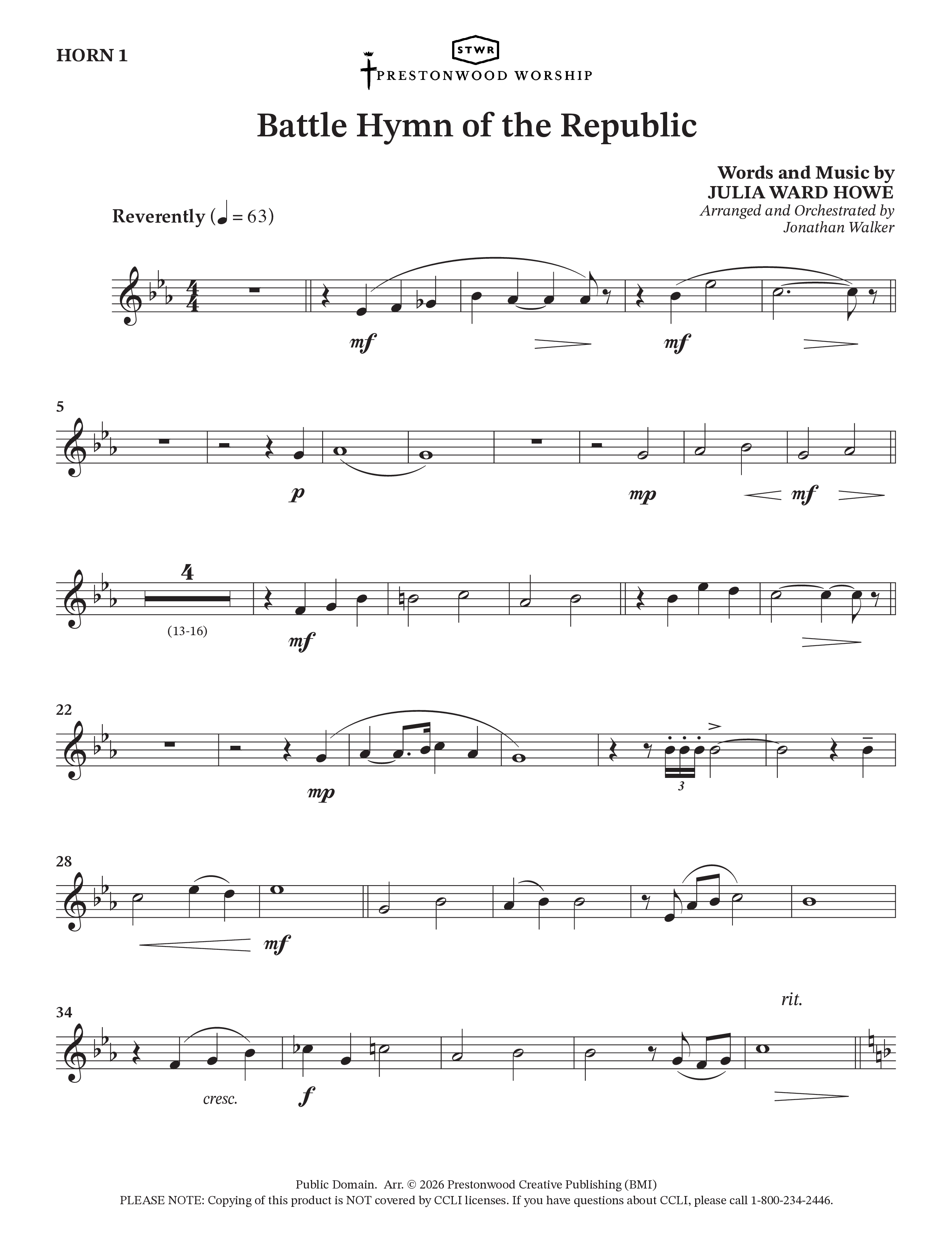 Battle Hymn Of The Republic (Choral Anthem SATB) Brass Pack (Prestonwood Worship / Arr. Jonathan Walker)