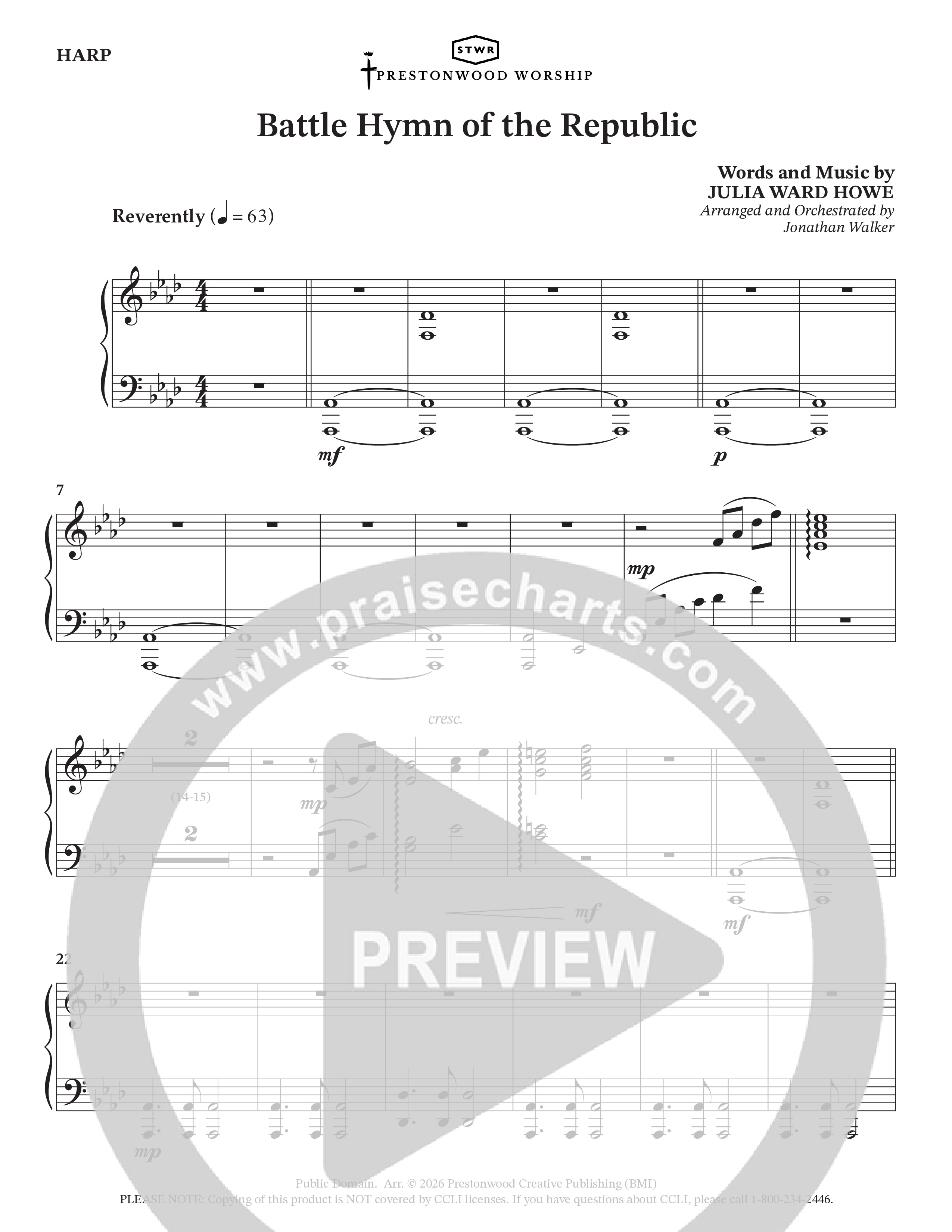 Battle Hymn Of The Republic (Choral Anthem SATB) Harp (Prestonwood Worship / Arr. Jonathan Walker)