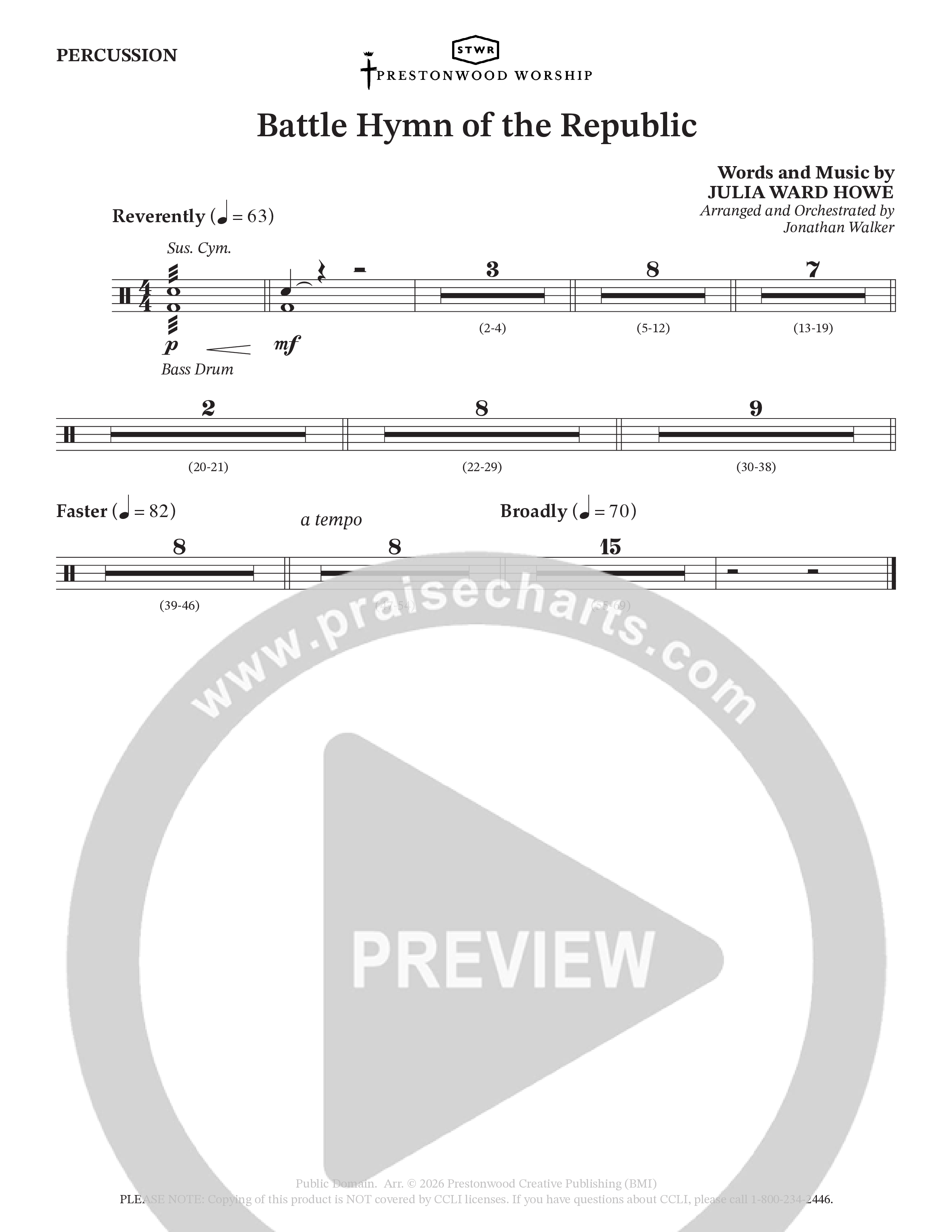 Battle Hymn Of The Republic (Choral Anthem SATB) Percussion (Prestonwood Worship / Arr. Jonathan Walker)