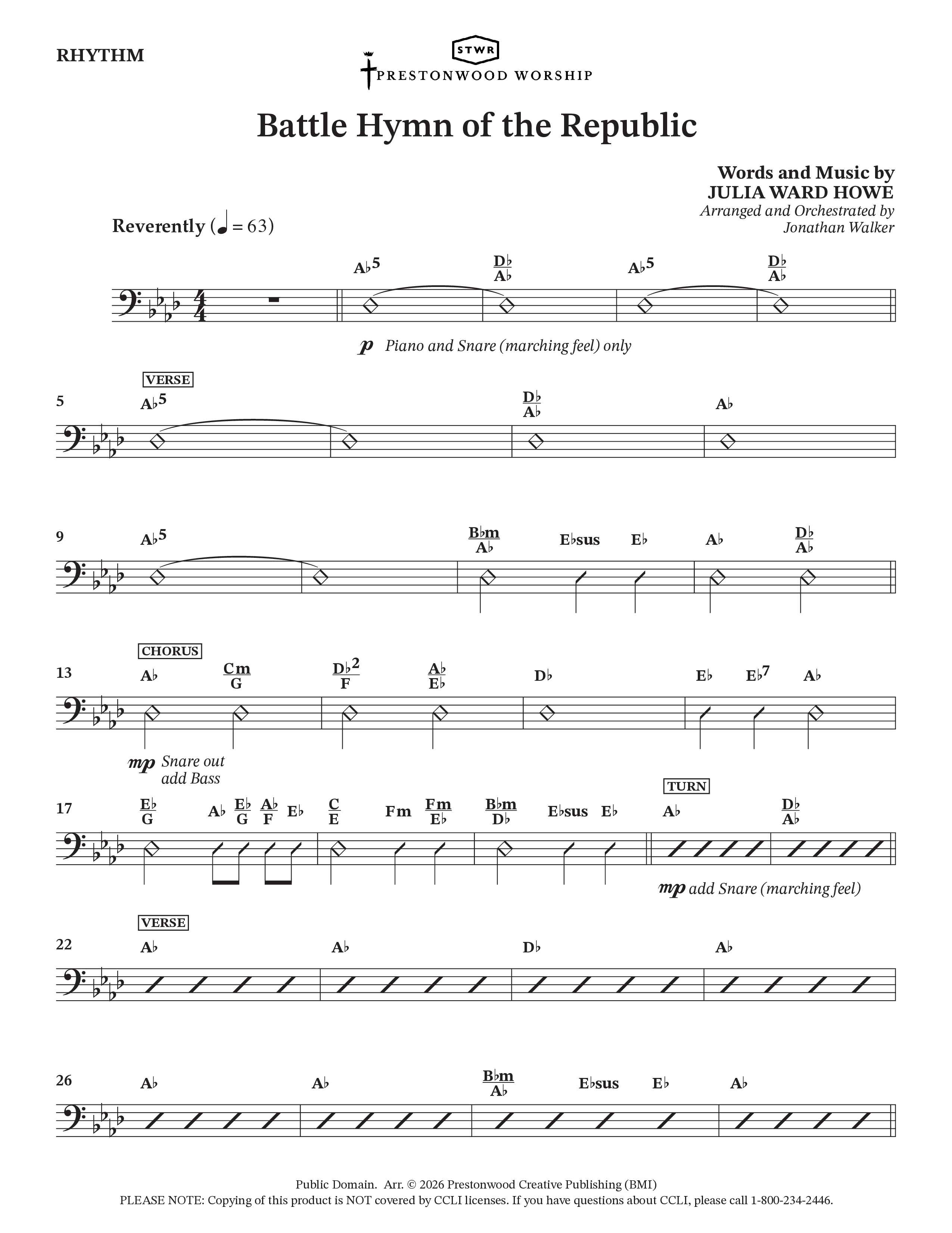 Battle Hymn Of The Republic (Choral Anthem SATB) Rhythm Chart (Prestonwood Worship / Arr. Jonathan Walker)
