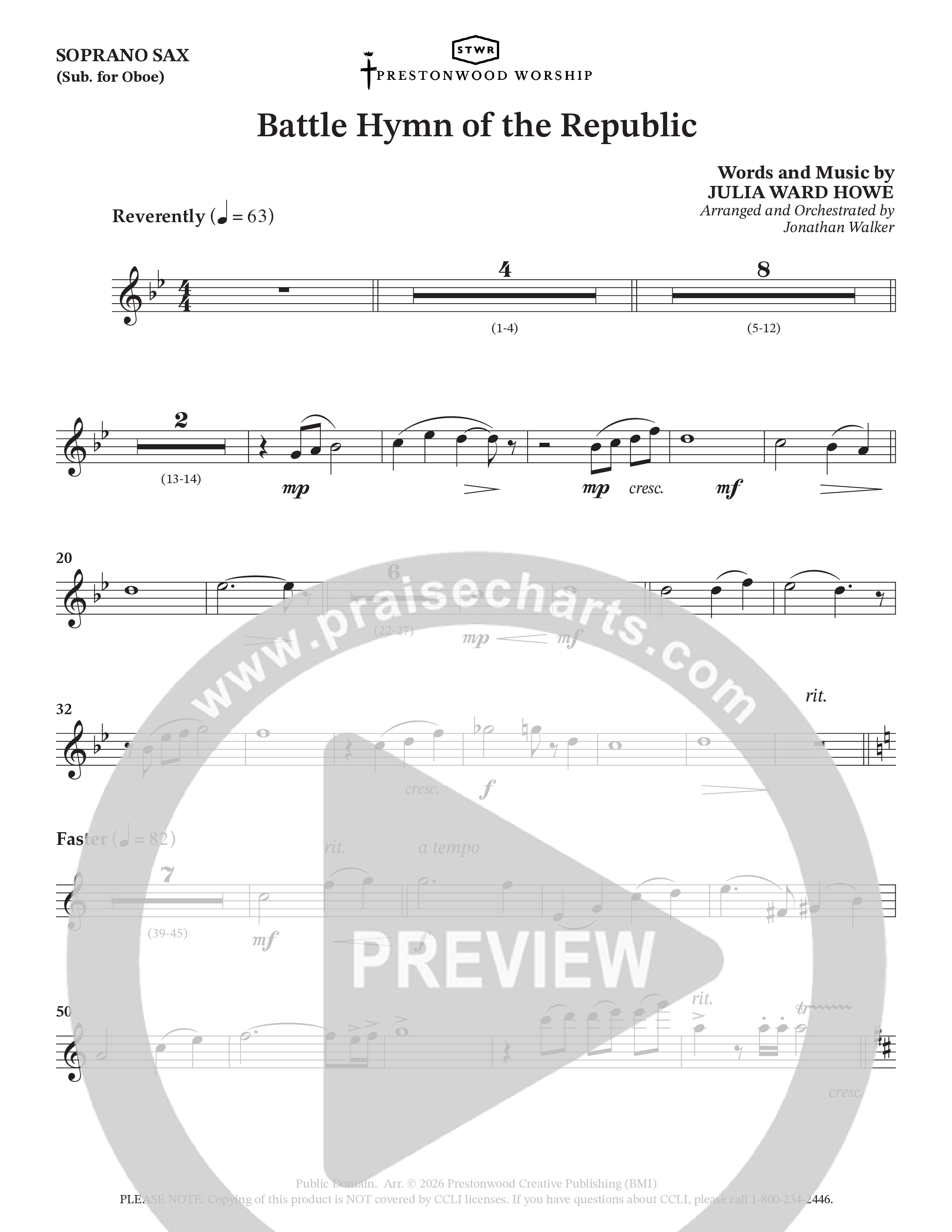 Battle Hymn Of The Republic (Choral Anthem SATB) Soprano Sax (Prestonwood Worship / Arr. Jonathan Walker)
