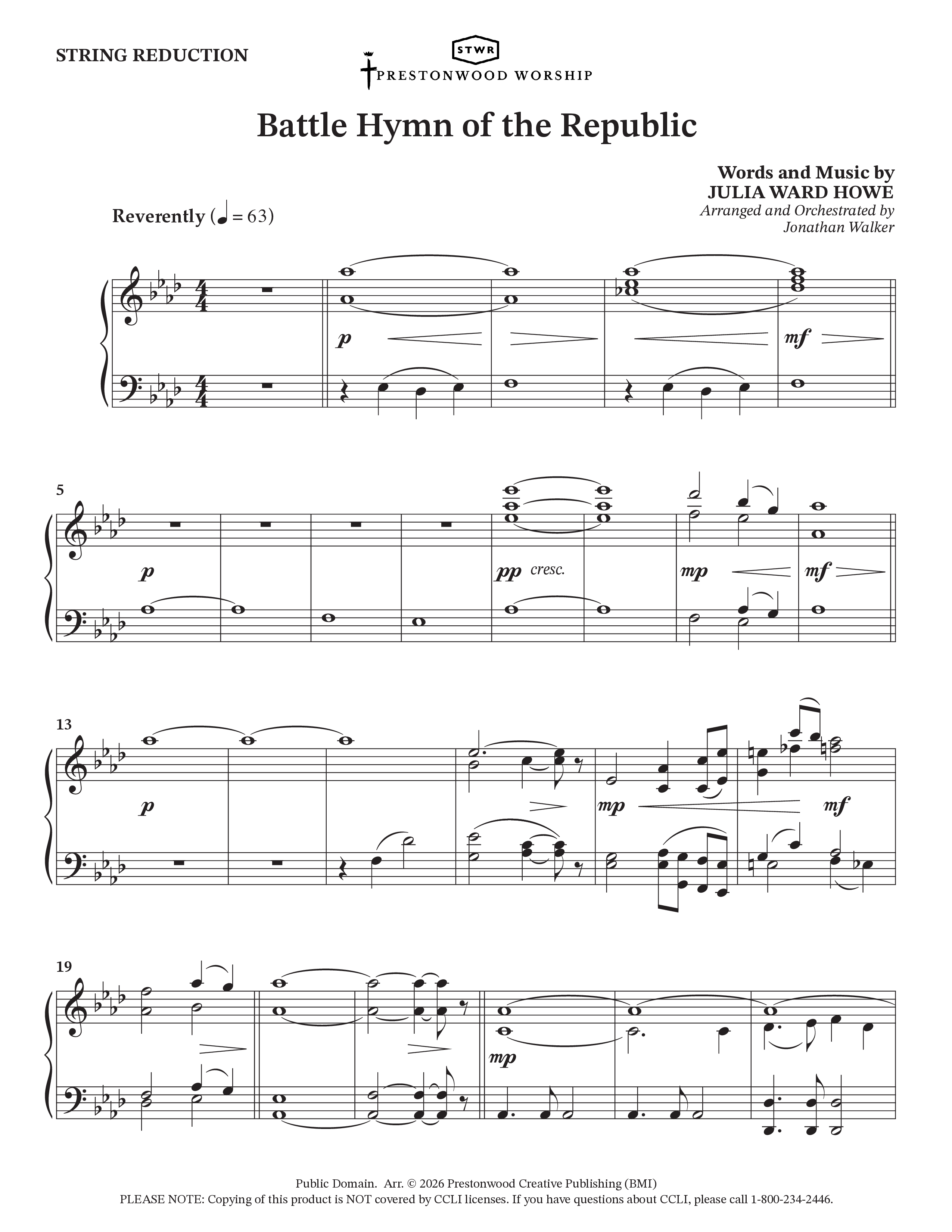 Battle Hymn Of The Republic (Choral Anthem SATB) String Reduction (Prestonwood Worship / Arr. Jonathan Walker)