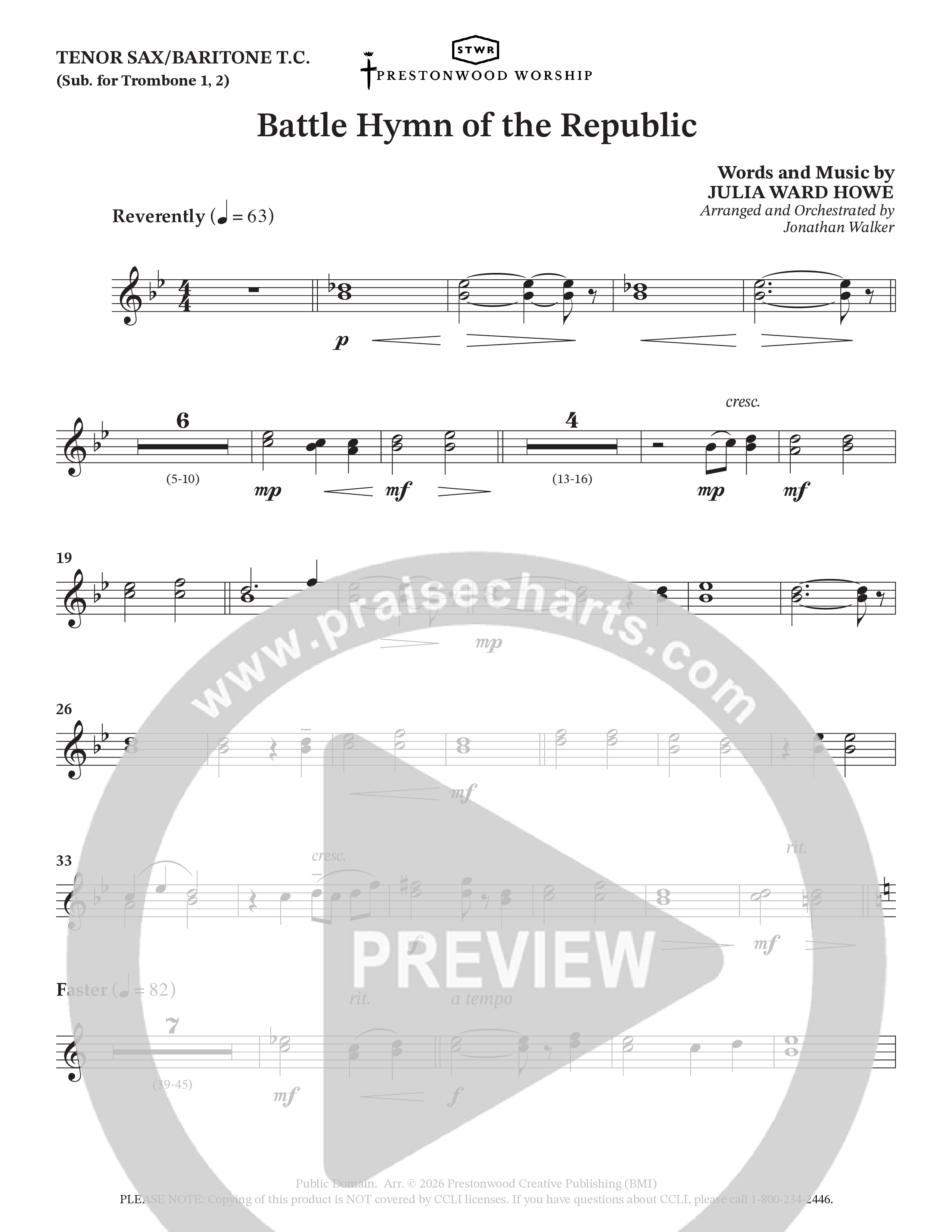 Battle Hymn Of The Republic (Choral Anthem SATB) Tenor Sax/Baritone T.C. (Prestonwood Worship / Arr. Jonathan Walker)