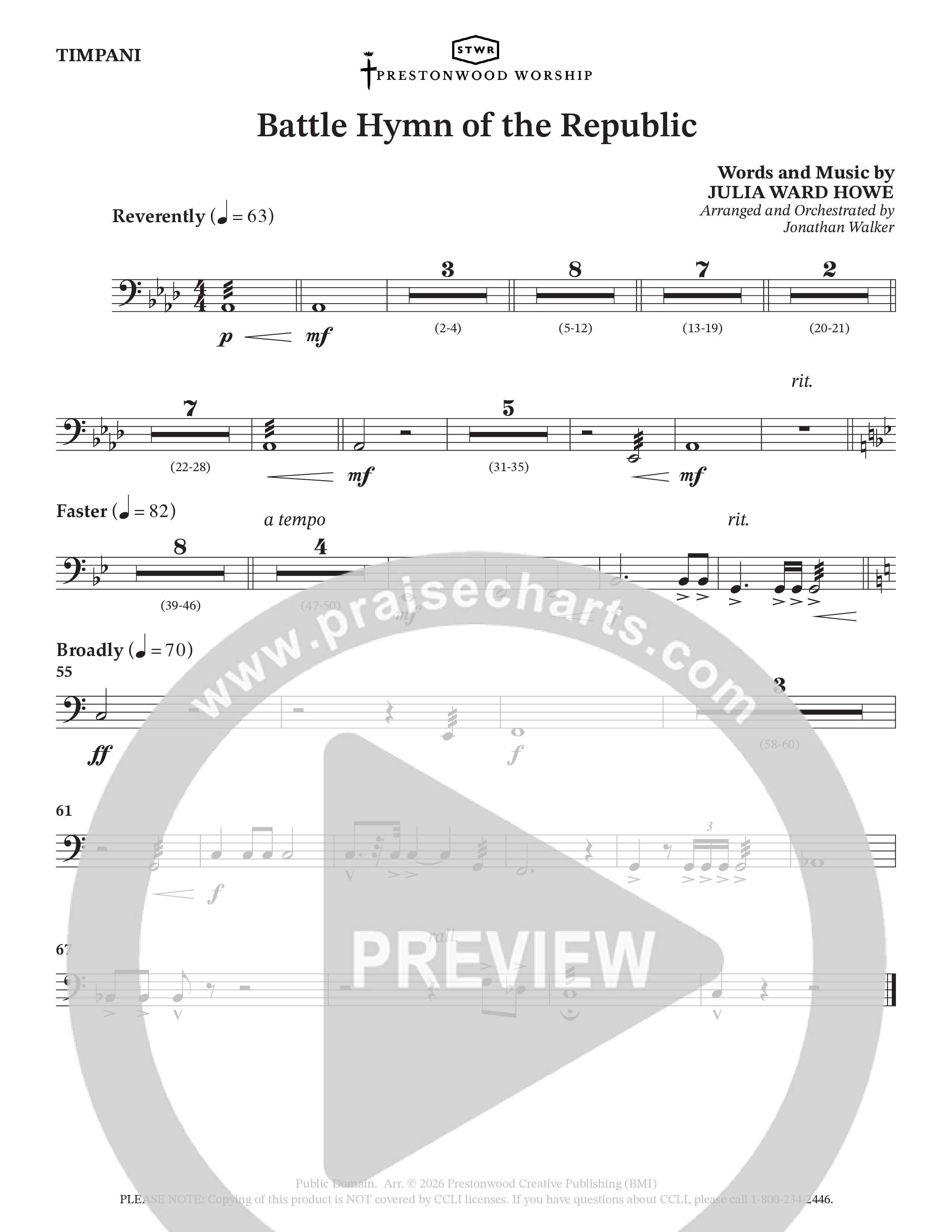 Battle Hymn Of The Republic (Choral Anthem SATB) Timpani (Prestonwood Worship / Arr. Jonathan Walker)