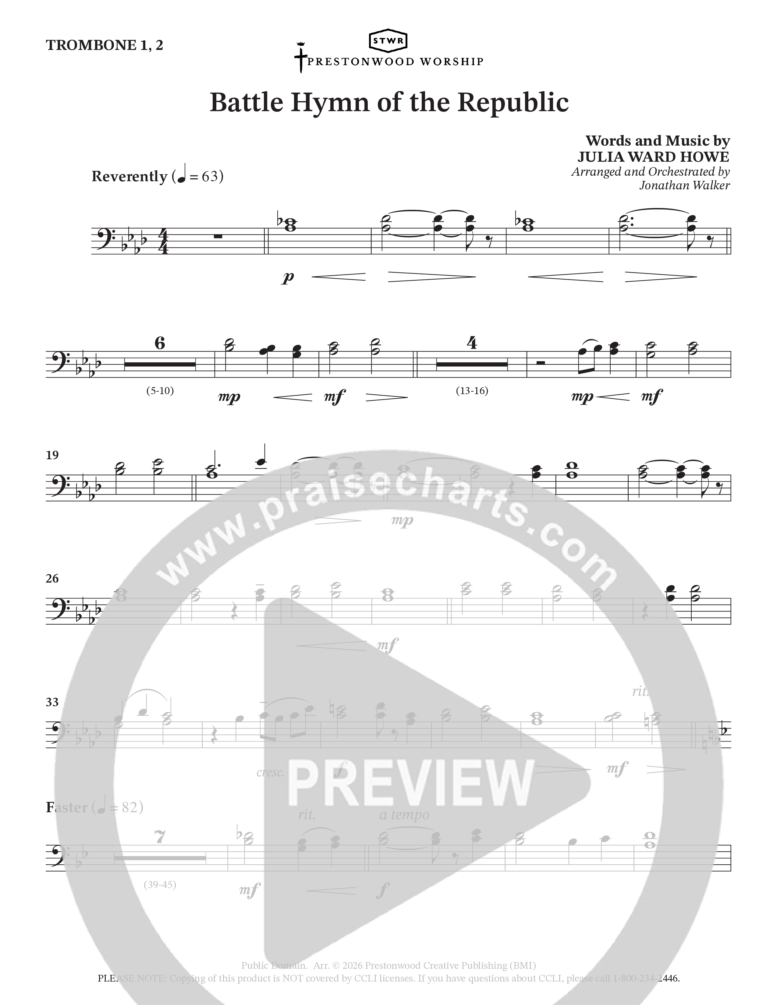 Battle Hymn Of The Republic (Choral Anthem SATB) Trombone 1/2 (Prestonwood Worship / Arr. Jonathan Walker)