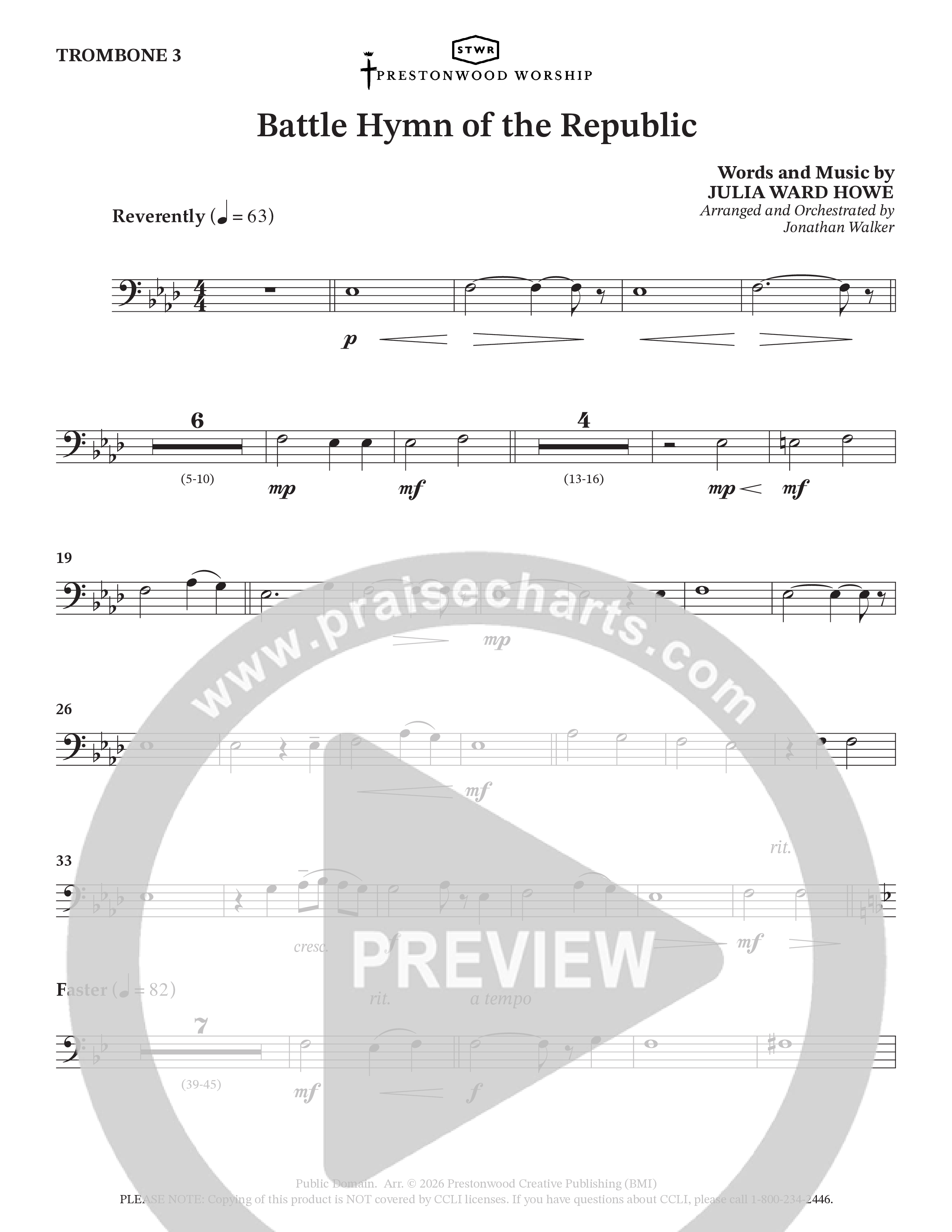 Battle Hymn Of The Republic (Choral Anthem SATB) Trombone 3 (Prestonwood Worship / Arr. Jonathan Walker)