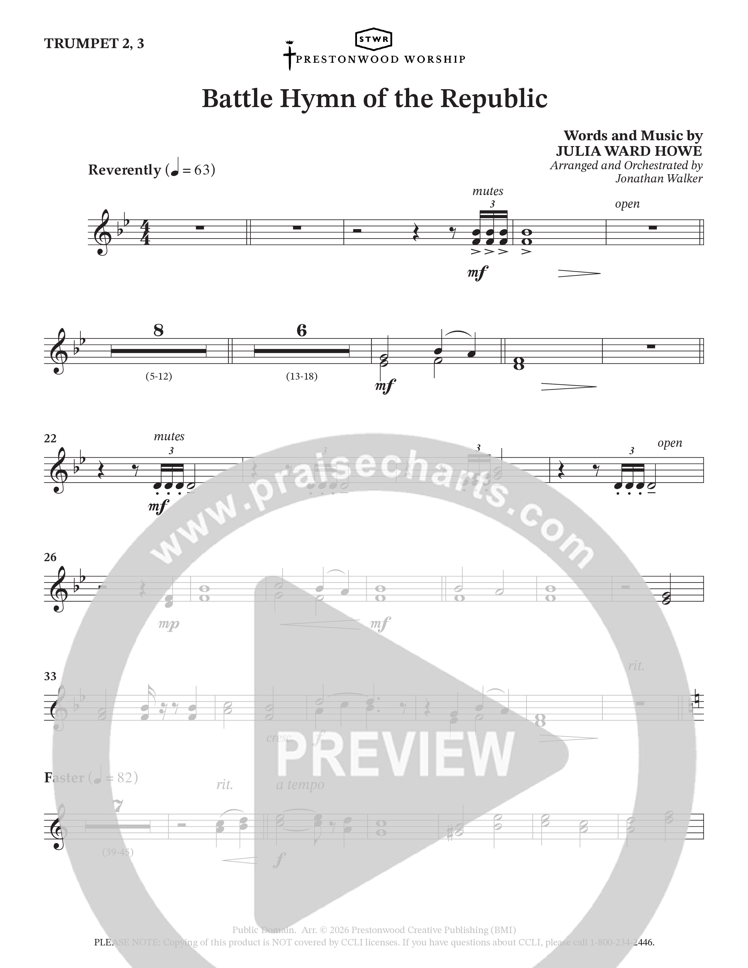 Battle Hymn Of The Republic (Choral Anthem SATB) Trumpet 2/3 (Prestonwood Worship / Arr. Jonathan Walker)