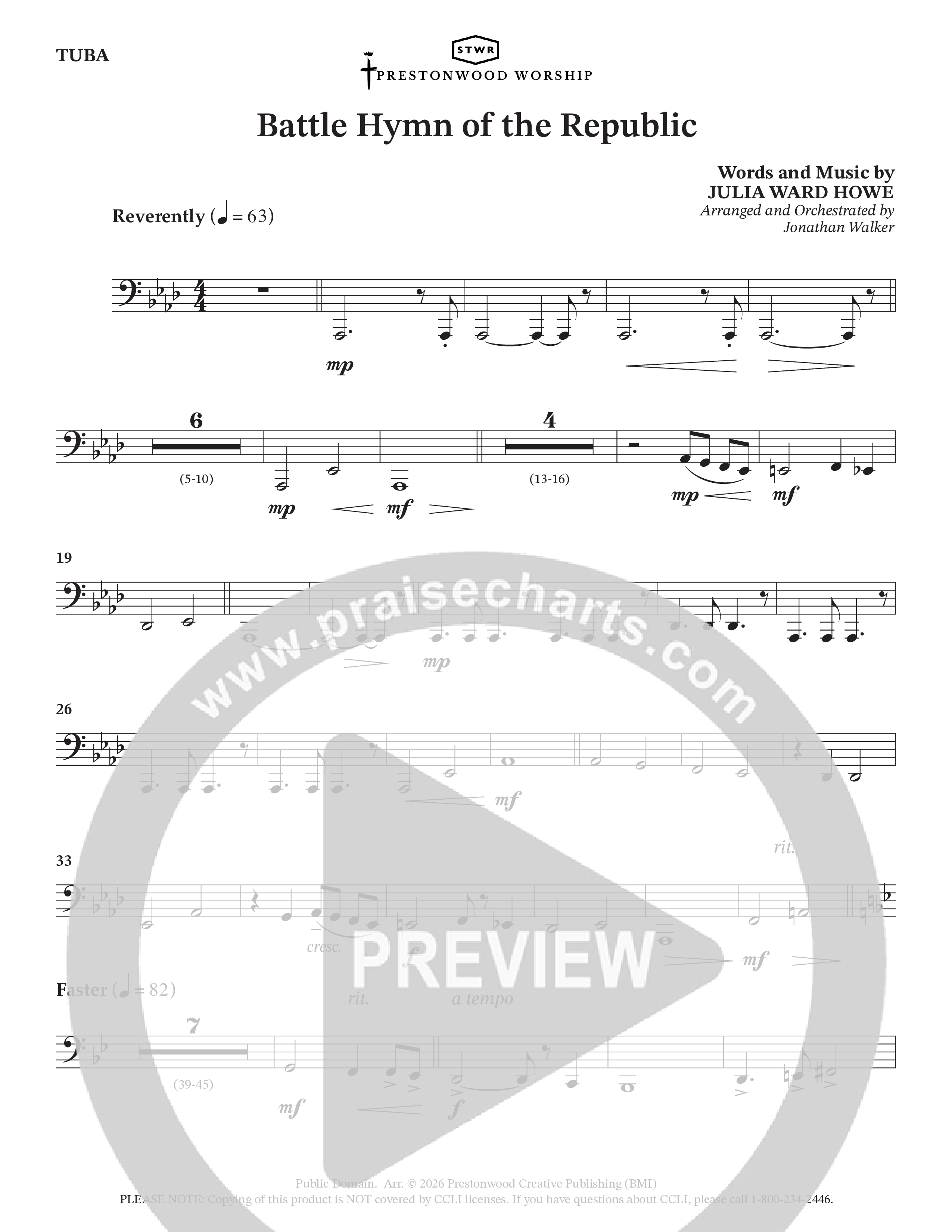 Battle Hymn Of The Republic (Choral Anthem SATB) Tuba (Prestonwood Worship / Arr. Jonathan Walker)