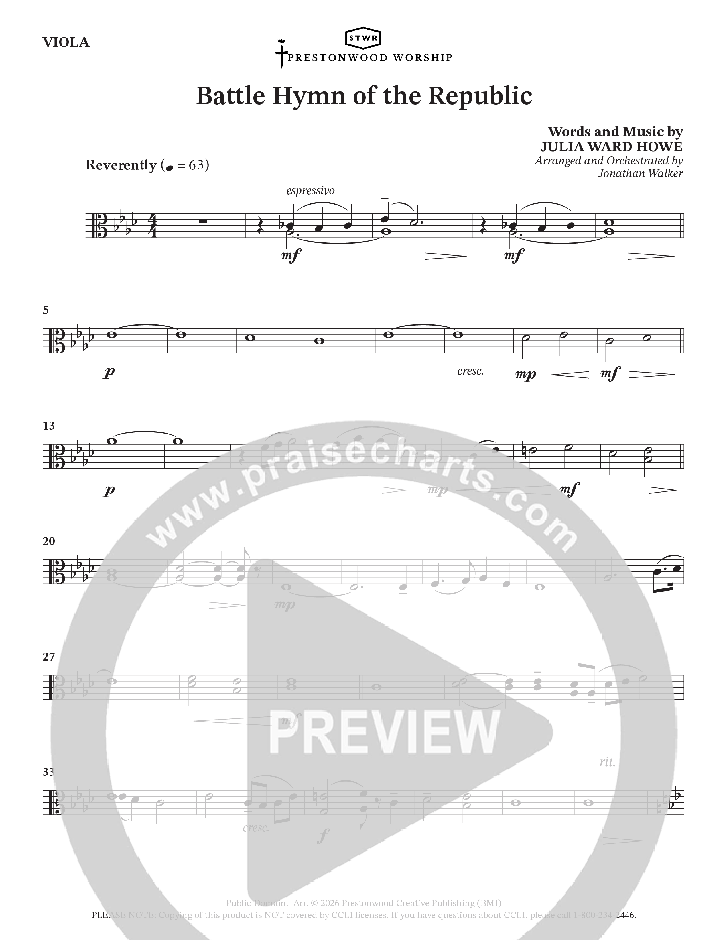 Battle Hymn Of The Republic (Choral Anthem SATB) Viola (Prestonwood Worship / Arr. Jonathan Walker)
