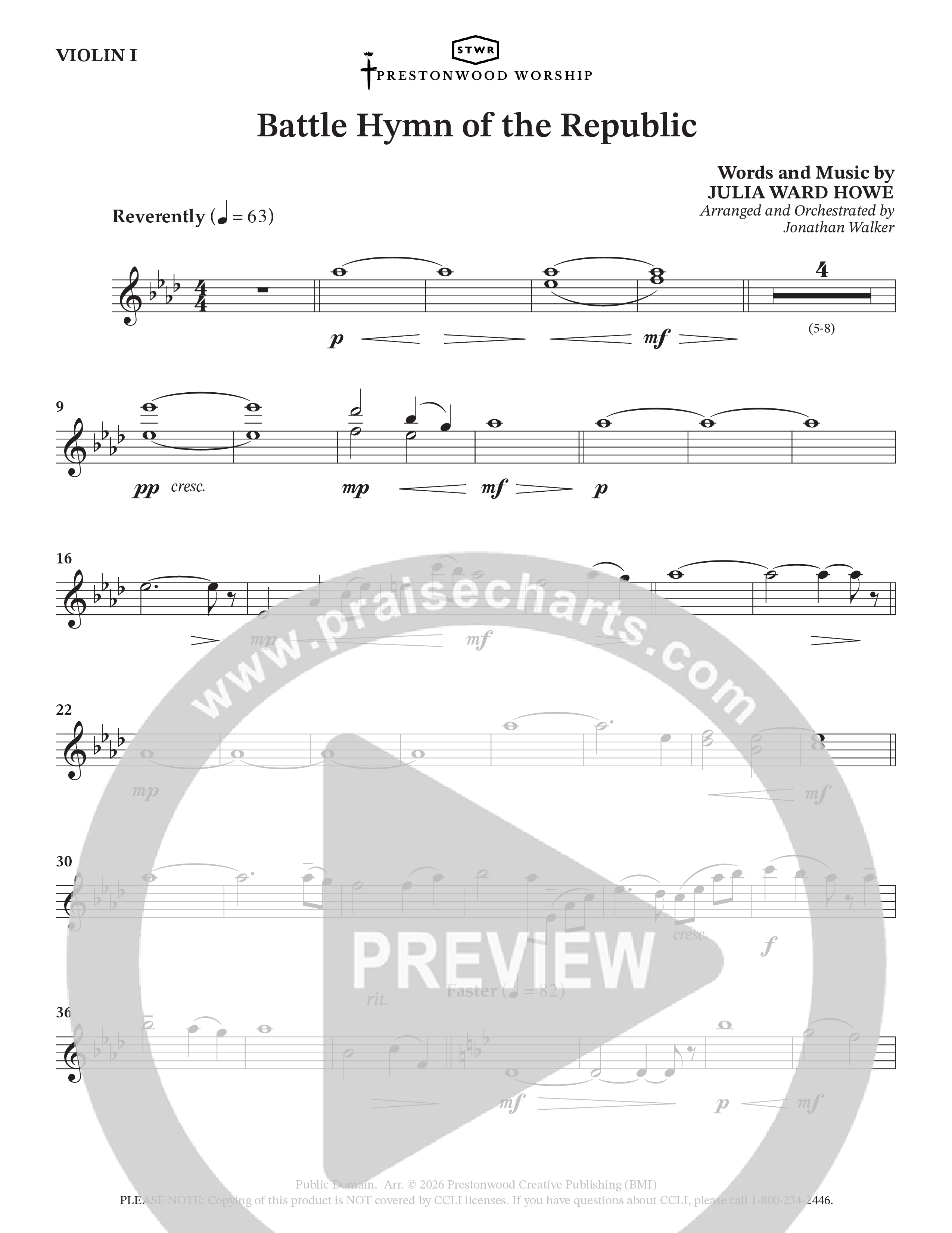 Battle Hymn Of The Republic (Choral Anthem SATB) String Pack (Prestonwood Worship / Arr. Jonathan Walker)