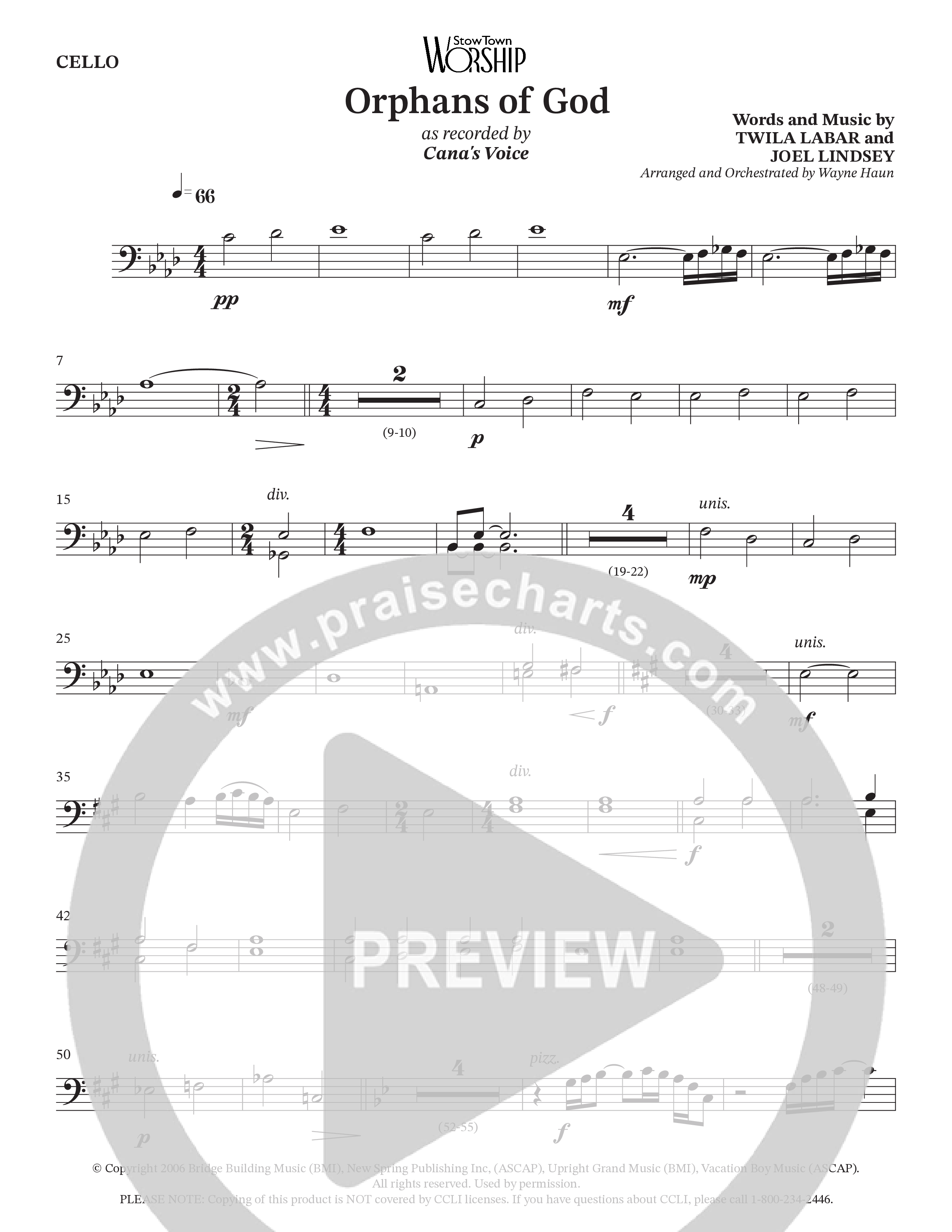 Orphans Of God (Choral Anthem SATB) Cello (Cana's Voice / Arr. Wayne Haun)