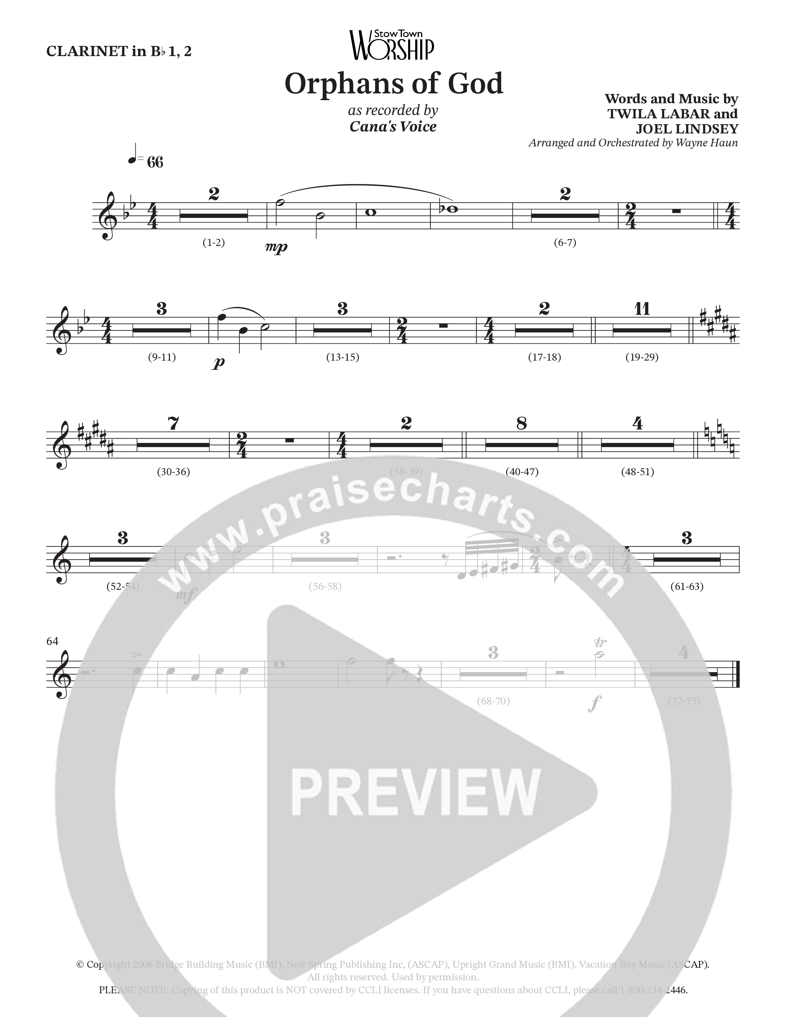 Orphans Of God (Choral Anthem SATB) Clarinet (Cana's Voice / Arr. Wayne Haun)