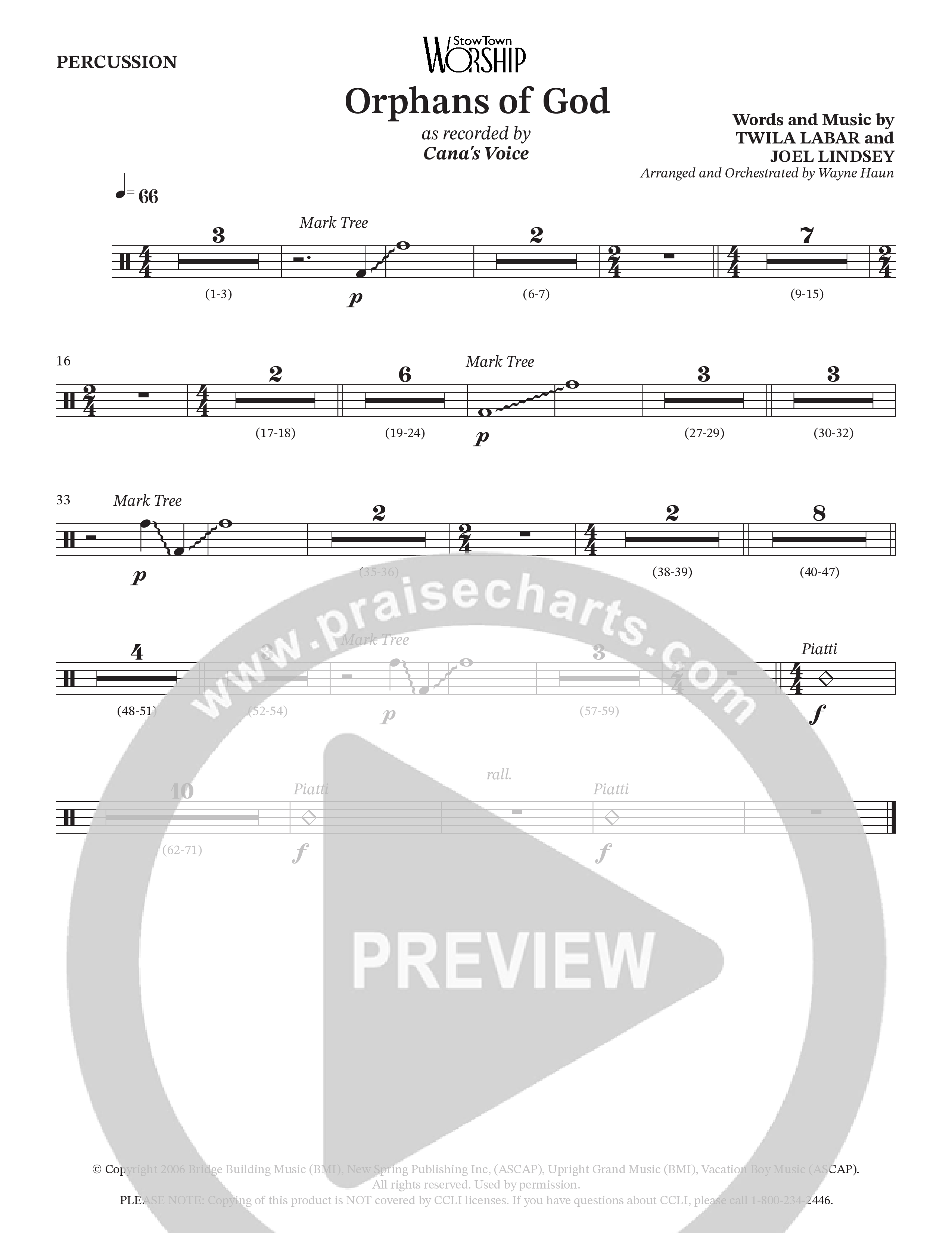 Orphans Of God (Choral Anthem SATB) Percussion (Cana's Voice / Arr. Wayne Haun)