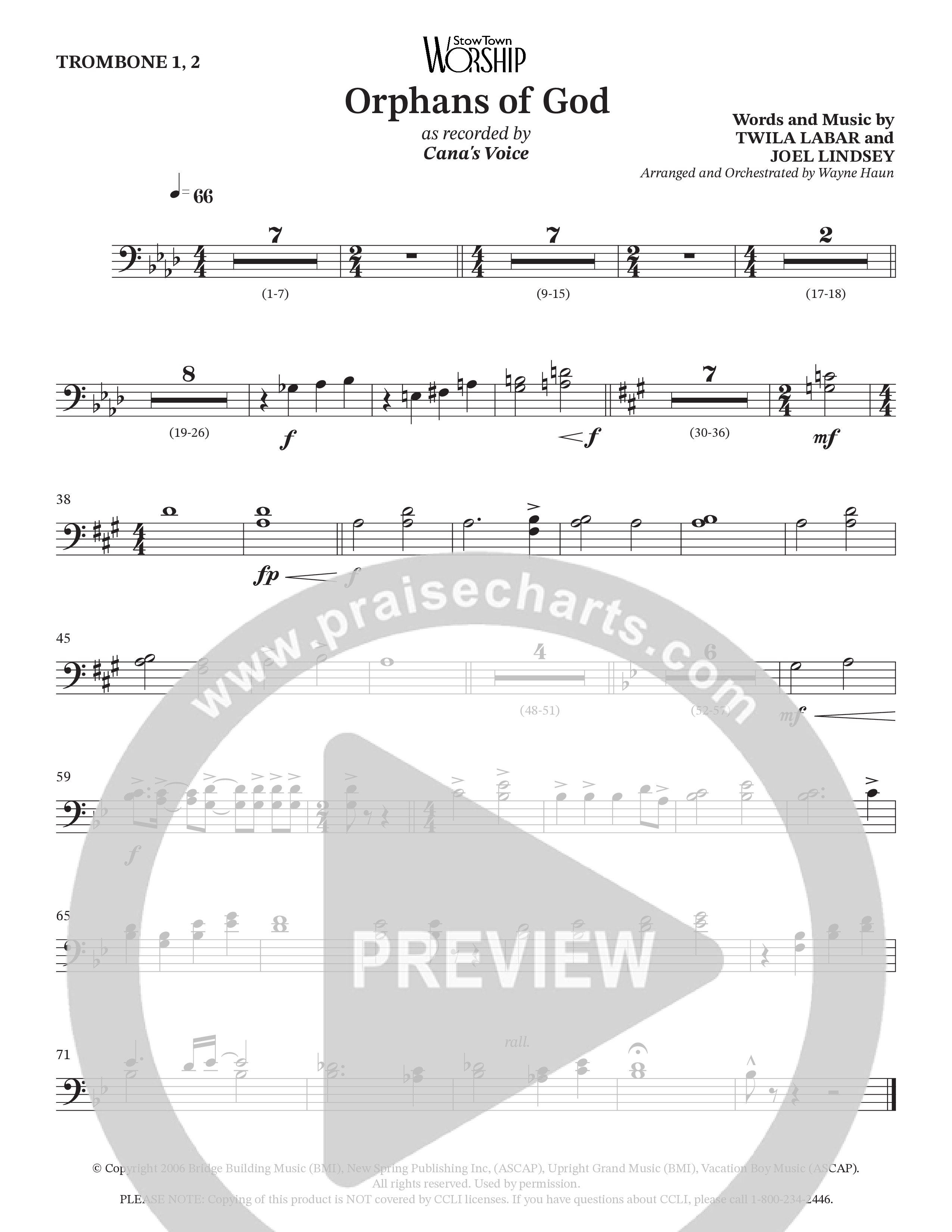 Orphans Of God (Choral Anthem SATB) Trombone 1/2 (Cana's Voice / Arr. Wayne Haun)