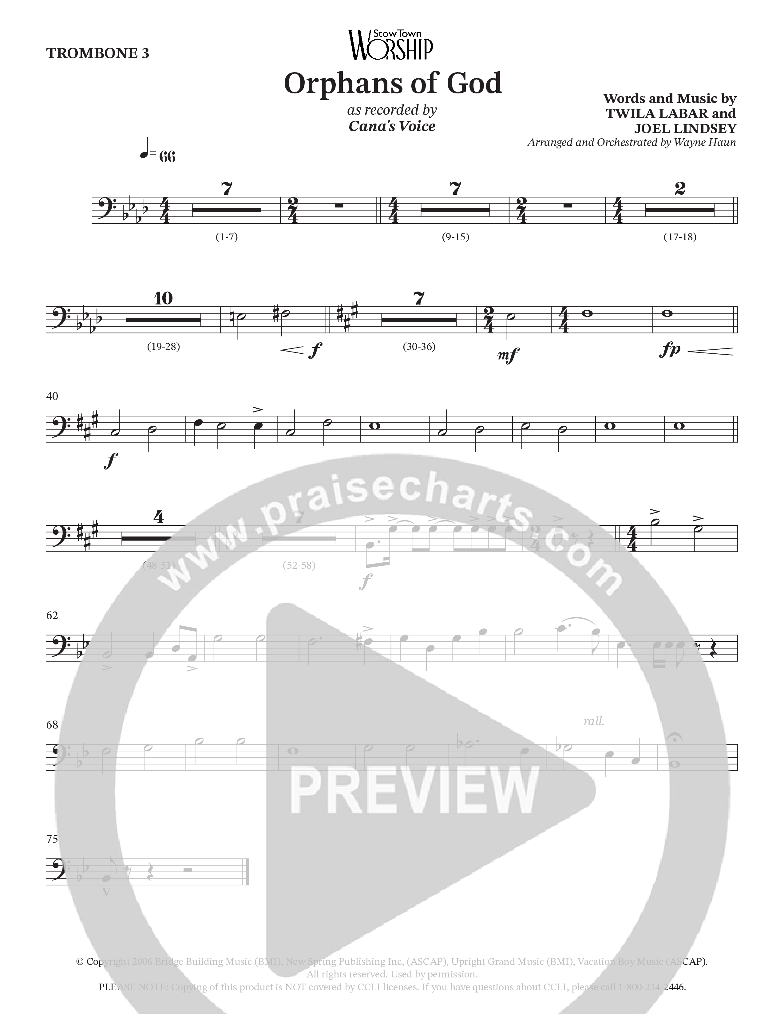 Orphans Of God (Choral Anthem SATB) Trombone 3 (Cana's Voice / Arr. Wayne Haun)
