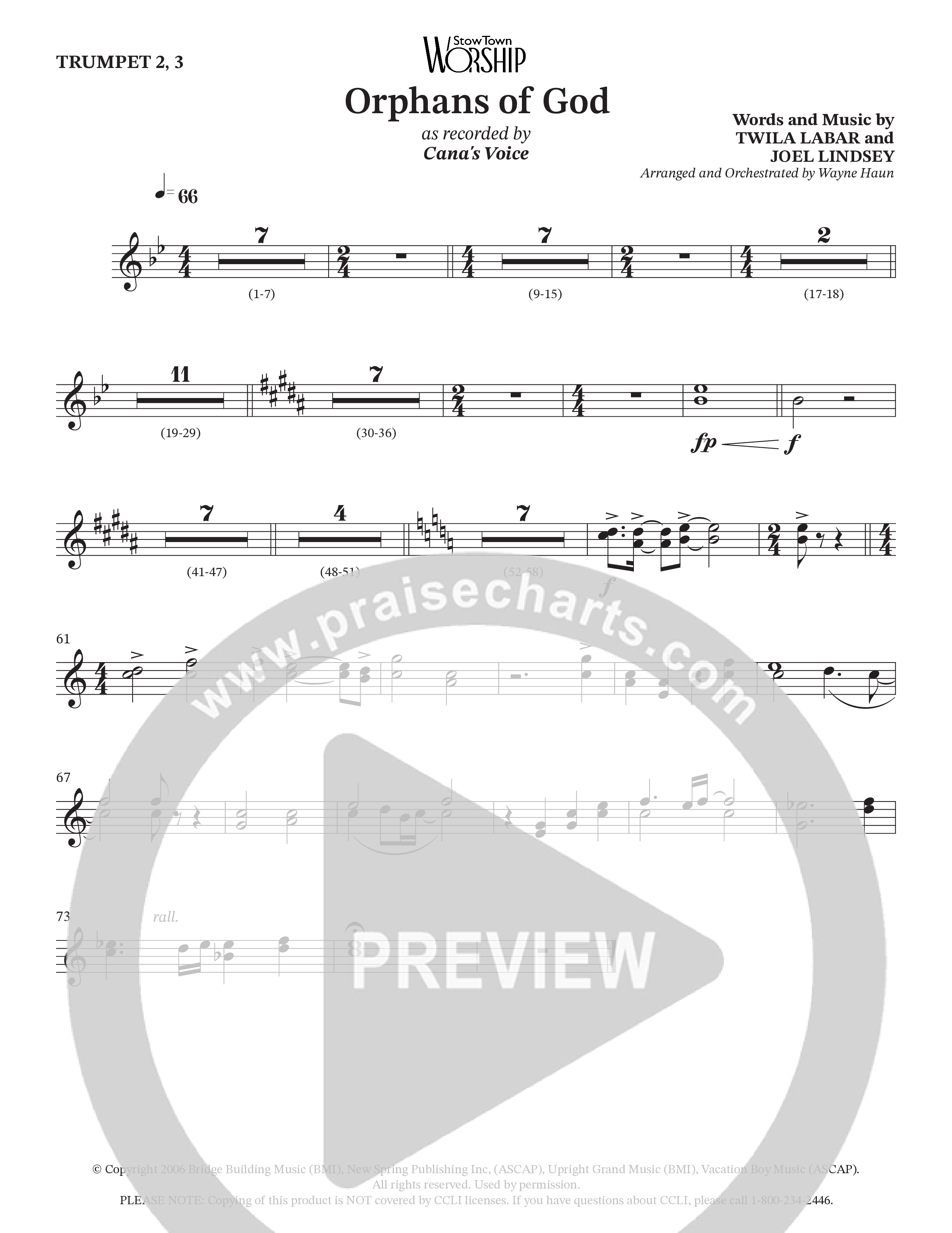 Orphans Of God (Choral Anthem SATB) Trumpet 2/3 (Cana's Voice / Arr. Wayne Haun)