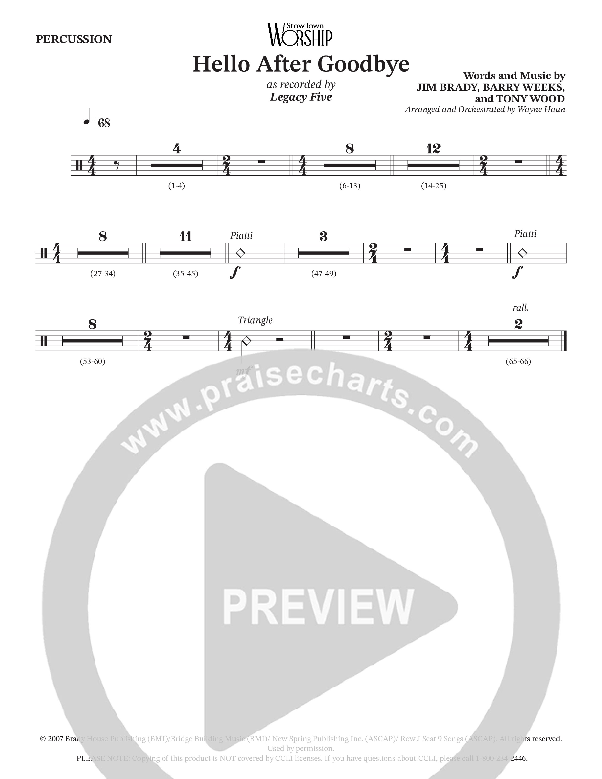 Hello After Goodbye (Choral Anthem SATB) Percussion (Legacy Five / Arr. Wayne Haun)