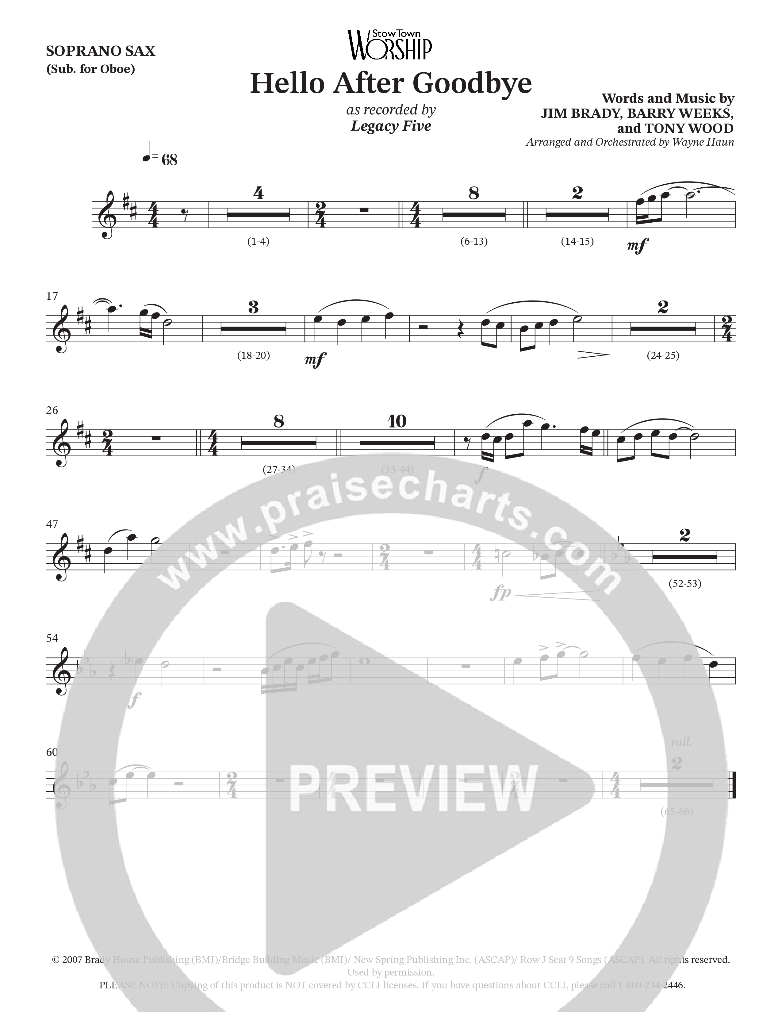 Hello After Goodbye (Choral Anthem SATB) Soprano Sax (Legacy Five / Arr. Wayne Haun)