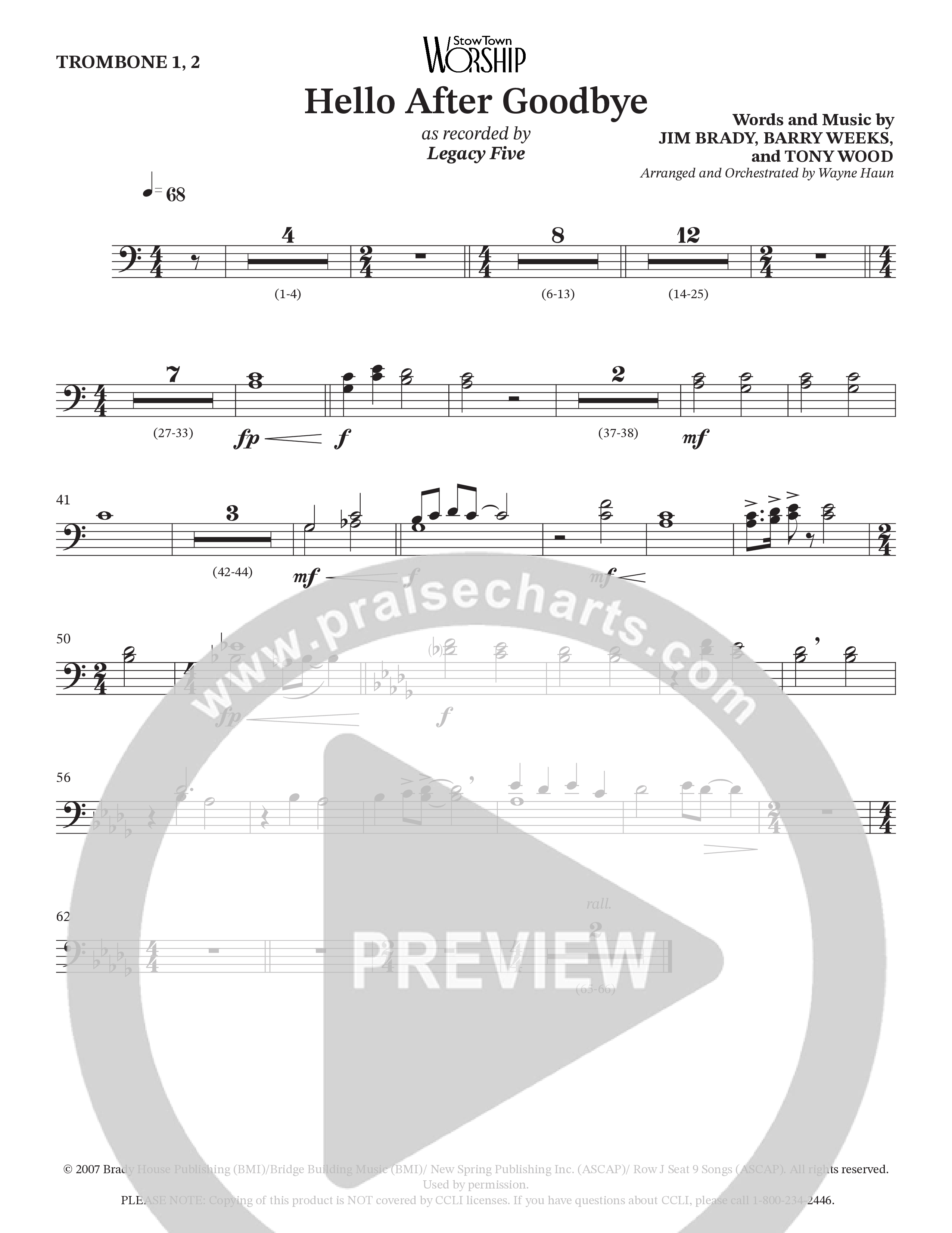 Hello After Goodbye (Choral Anthem SATB) Trombone 1/2 (Legacy Five / Arr. Wayne Haun)