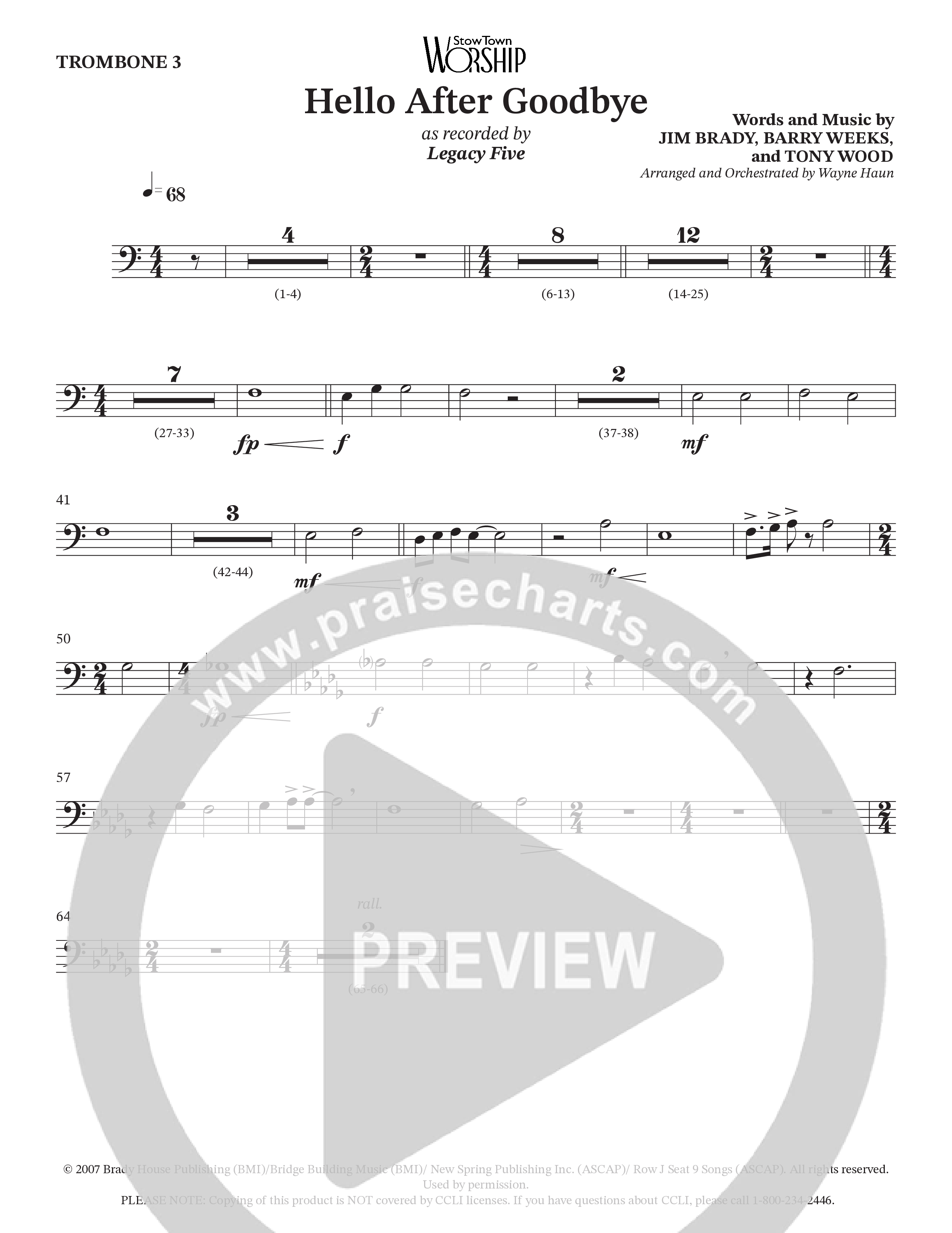 Hello After Goodbye (Choral Anthem SATB) Trombone 3 (Legacy Five / Arr. Wayne Haun)
