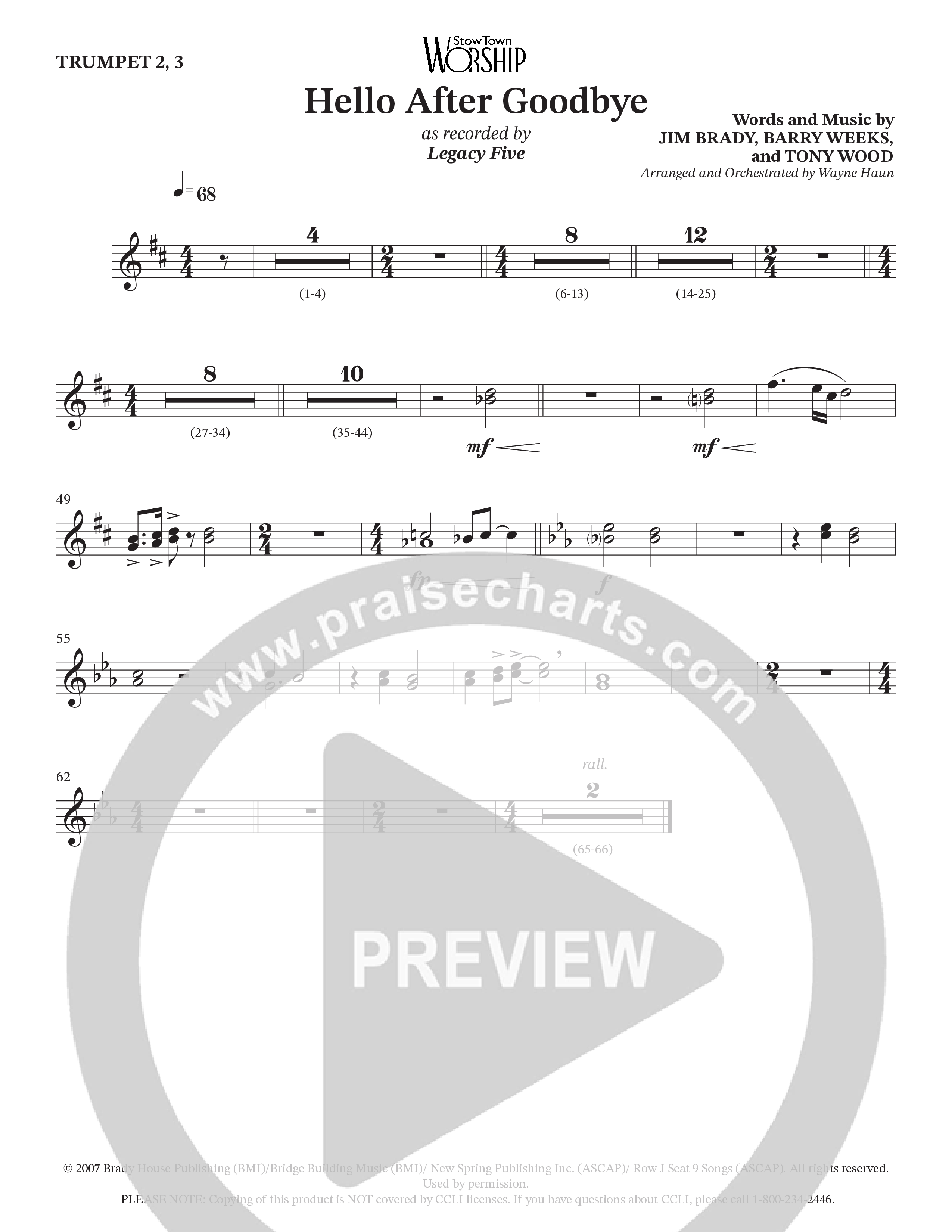 Hello After Goodbye (Choral Anthem SATB) Trumpet 2/3 (Legacy Five / Arr. Wayne Haun)