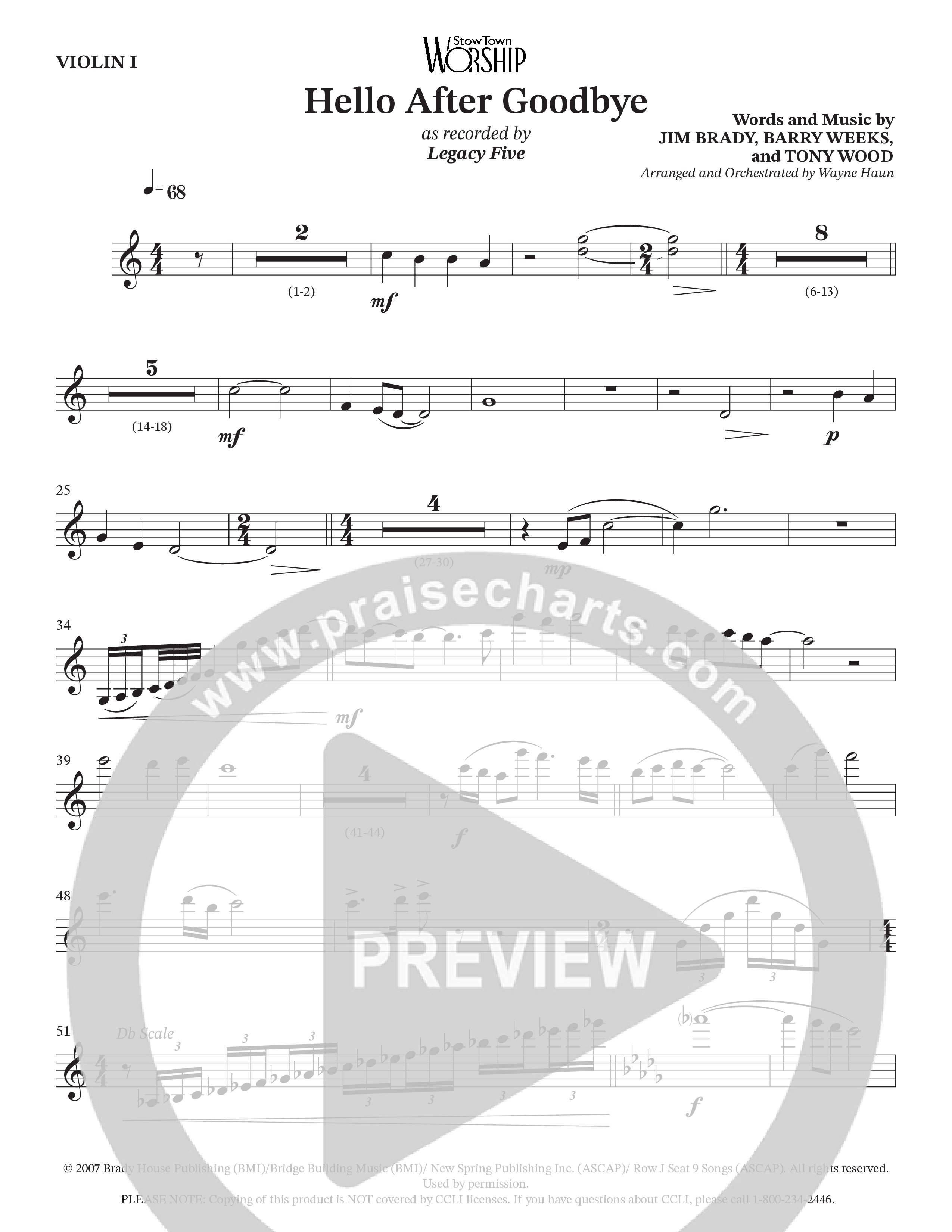 Hello After Goodbye (Choral Anthem SATB) Violin 1 (Legacy Five / Arr. Wayne Haun)