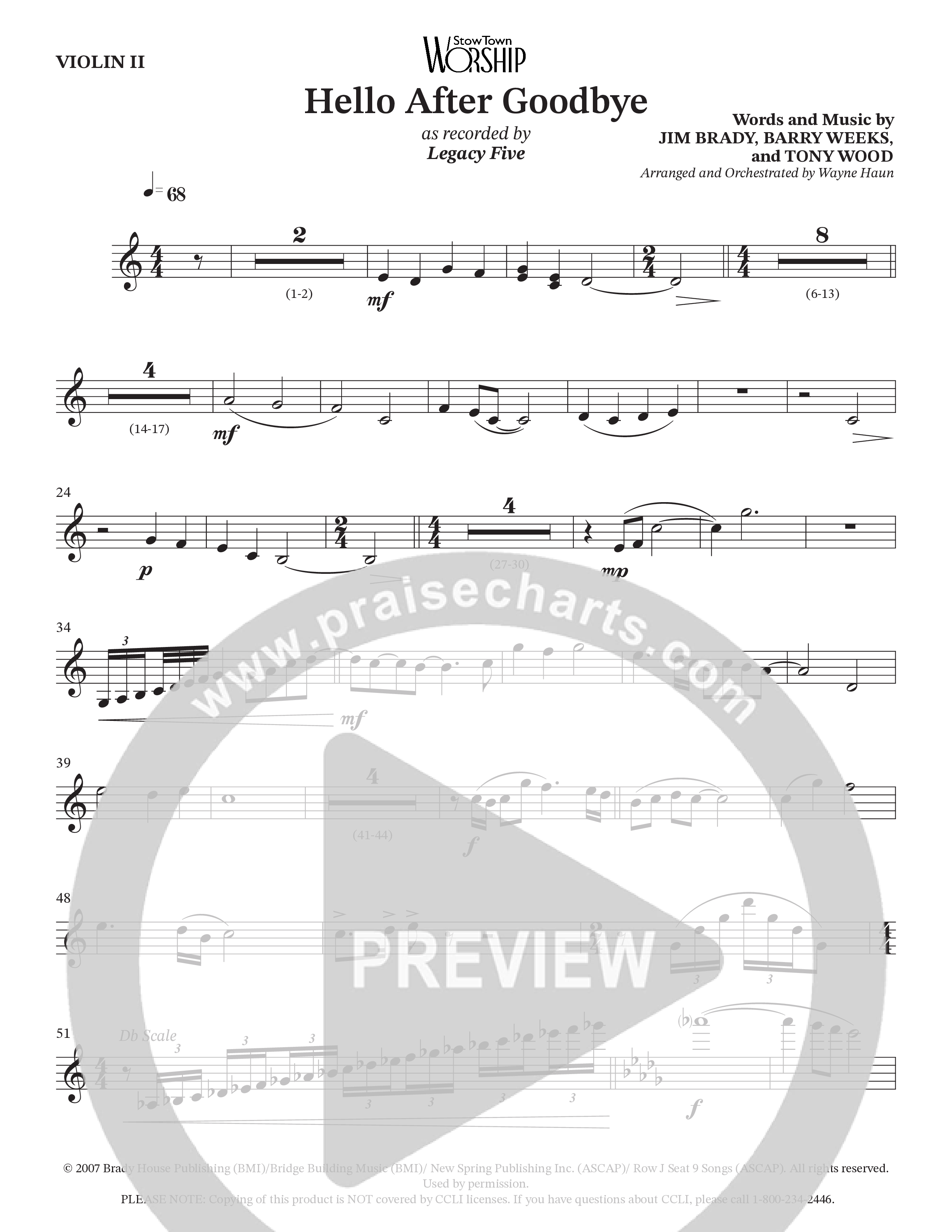 Hello After Goodbye (Choral Anthem SATB) Violin 2 (Legacy Five / Arr. Wayne Haun)