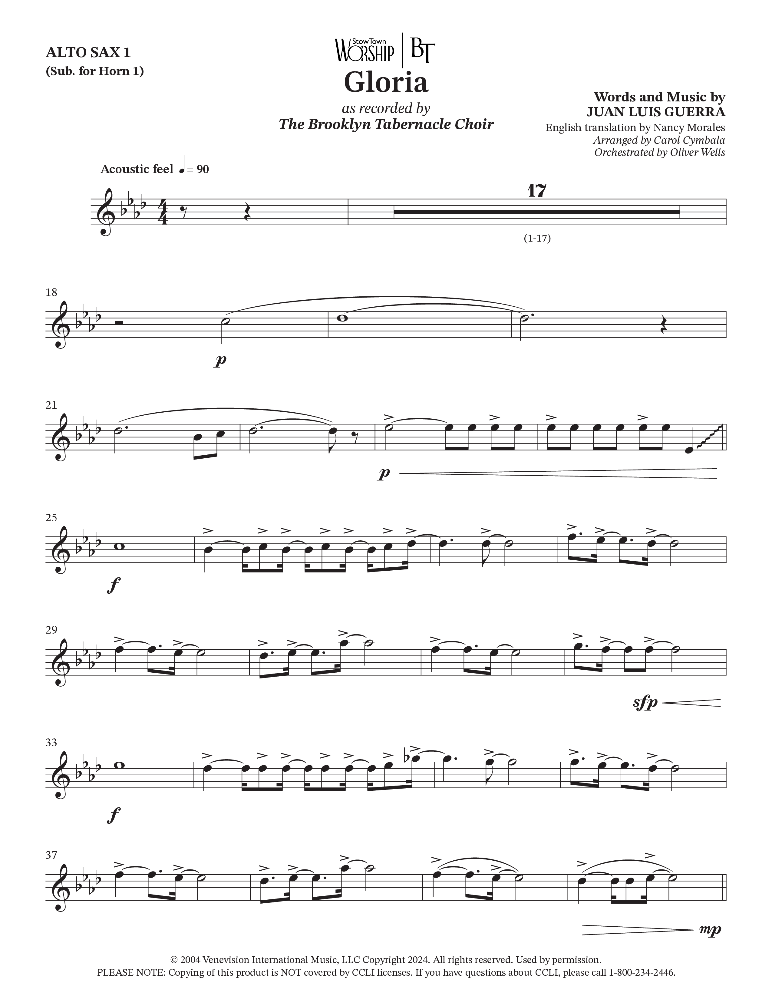 Gloria (Choral Anthem SATB) Alto Sax (The Brooklyn Tabernacle Choir / Arr. Carol Cymbala / Orch. Oliver Wells)