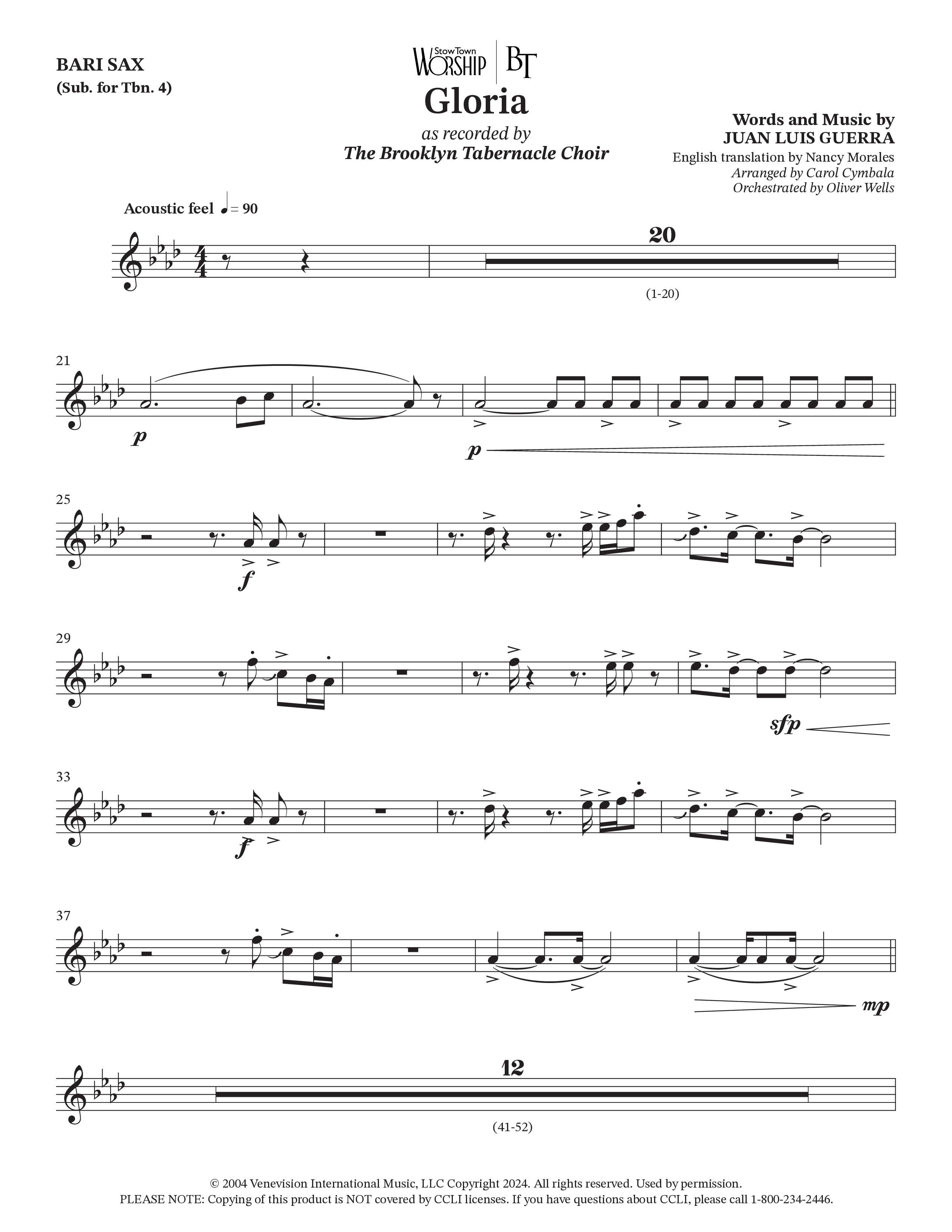 Gloria (Choral Anthem SATB) Bari Sax (The Brooklyn Tabernacle Choir / Arr. Carol Cymbala / Orch. Oliver Wells)