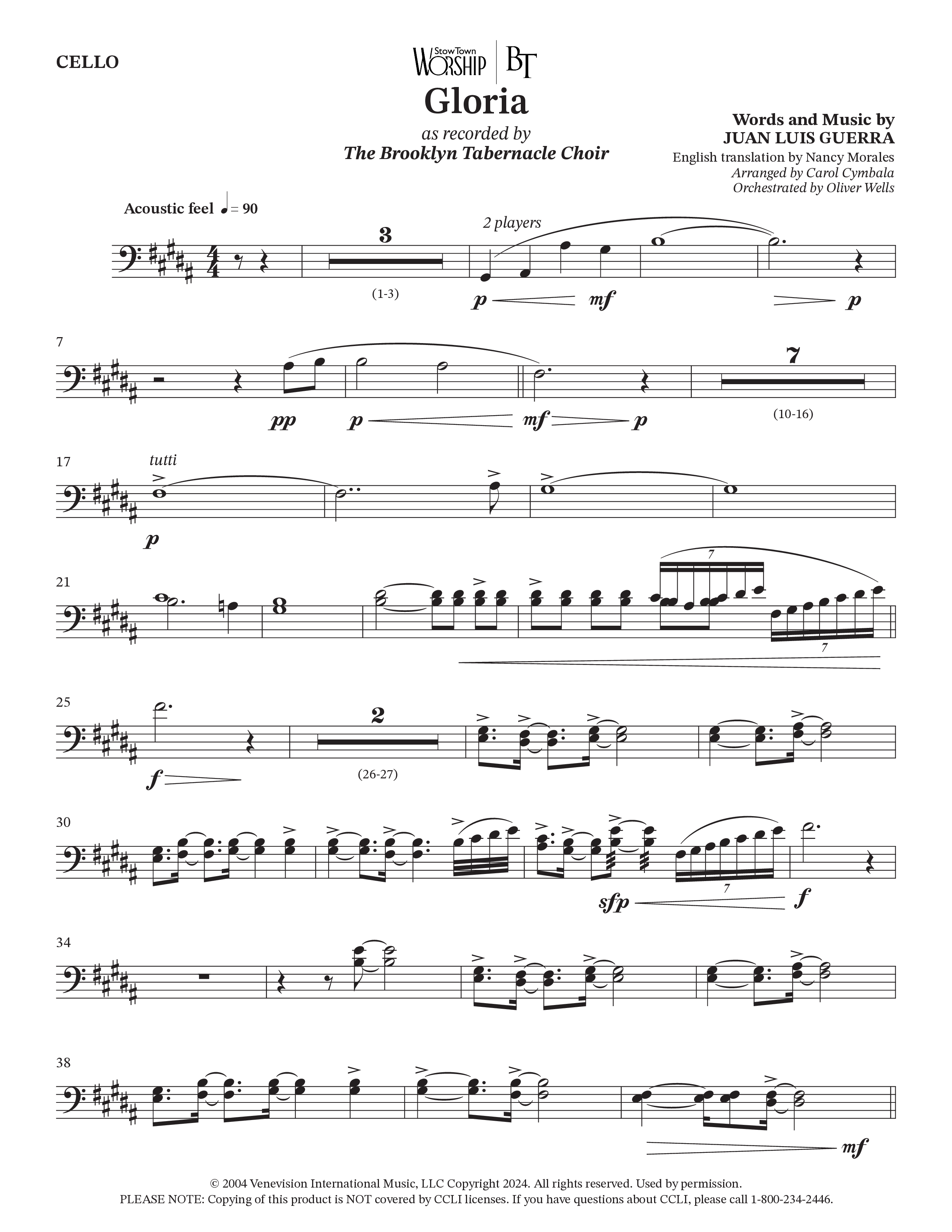 Gloria (Choral Anthem SATB) Cello (The Brooklyn Tabernacle Choir / Arr. Carol Cymbala / Orch. Oliver Wells)