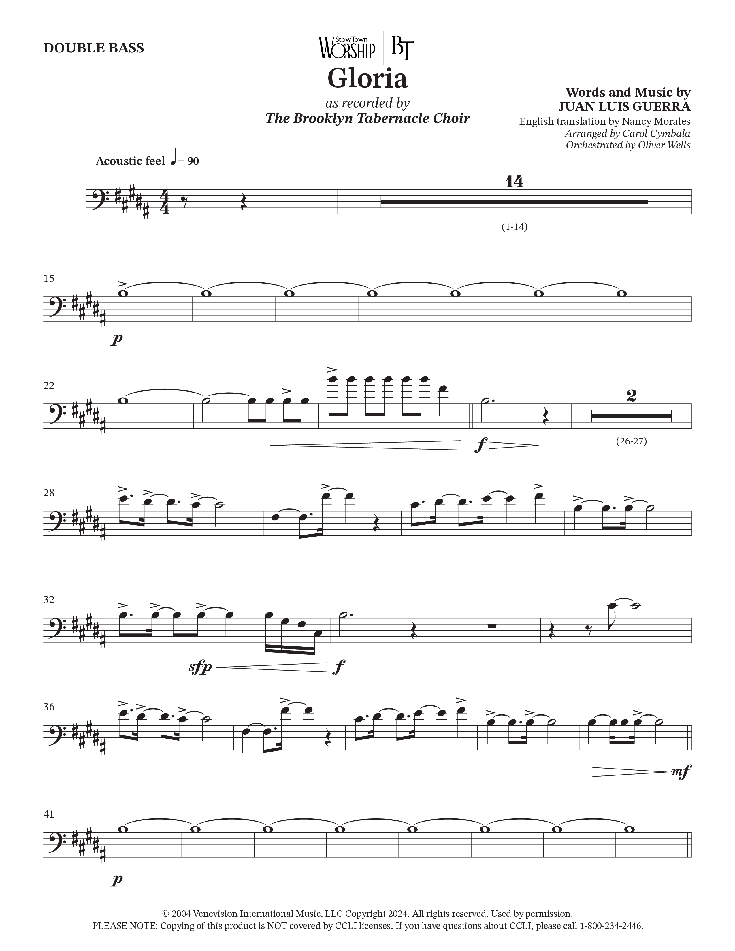 Gloria (Choral Anthem SATB) Double Bass (The Brooklyn Tabernacle Choir / Arr. Carol Cymbala / Orch. Oliver Wells)