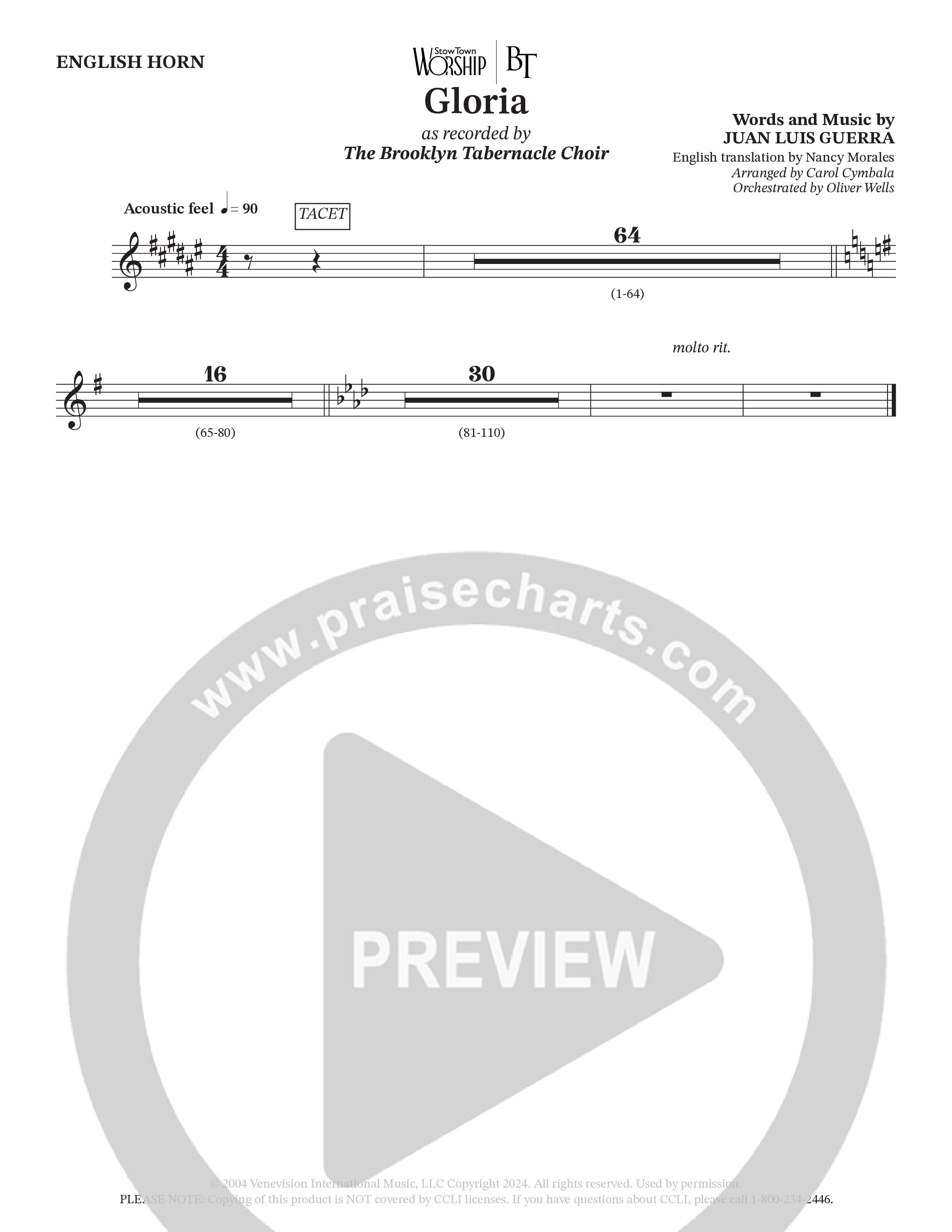 Gloria (Choral Anthem SATB) English Horn (The Brooklyn Tabernacle Choir / Arr. Carol Cymbala / Orch. Oliver Wells)