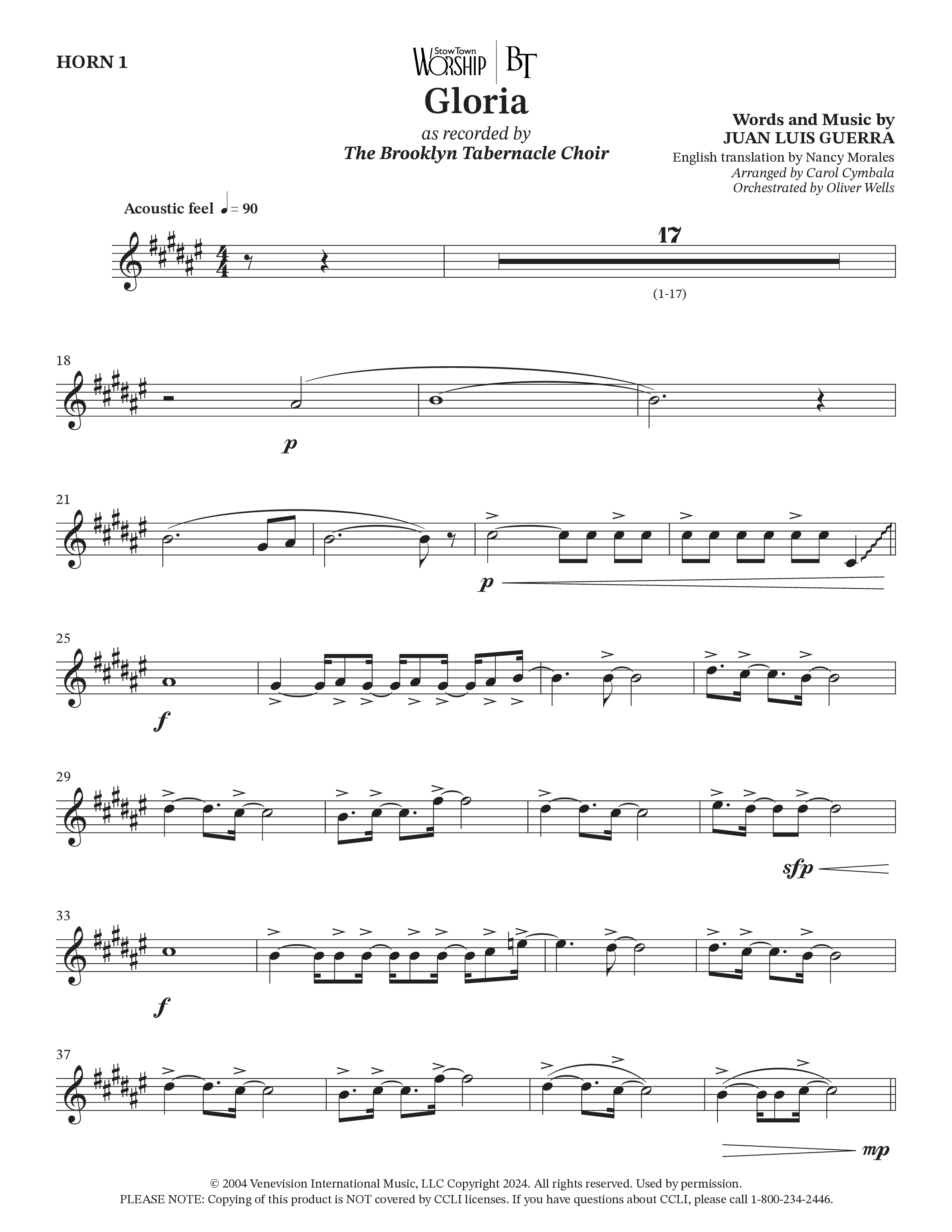 Gloria (Choral Anthem SATB) French Horn (The Brooklyn Tabernacle Choir / Arr. Carol Cymbala / Orch. Oliver Wells)